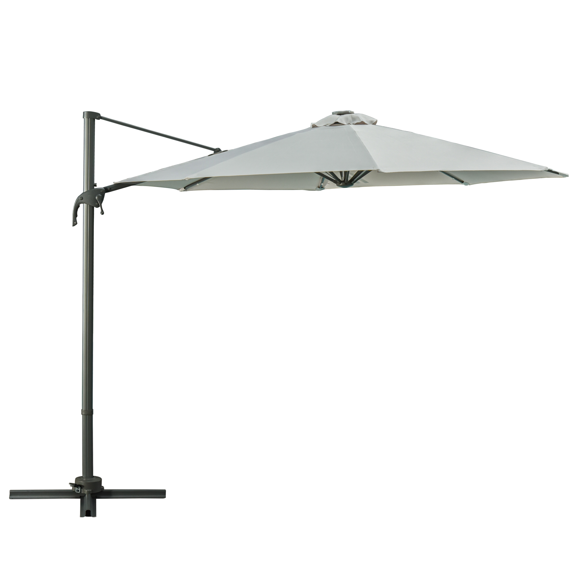 Product photograph of Outsunny 3 M Cantilever Roma Parasol Patio Sun Umbrella With Led Solar Light Cross Base 360 Rotating Outdoor Grey from Aosom UK