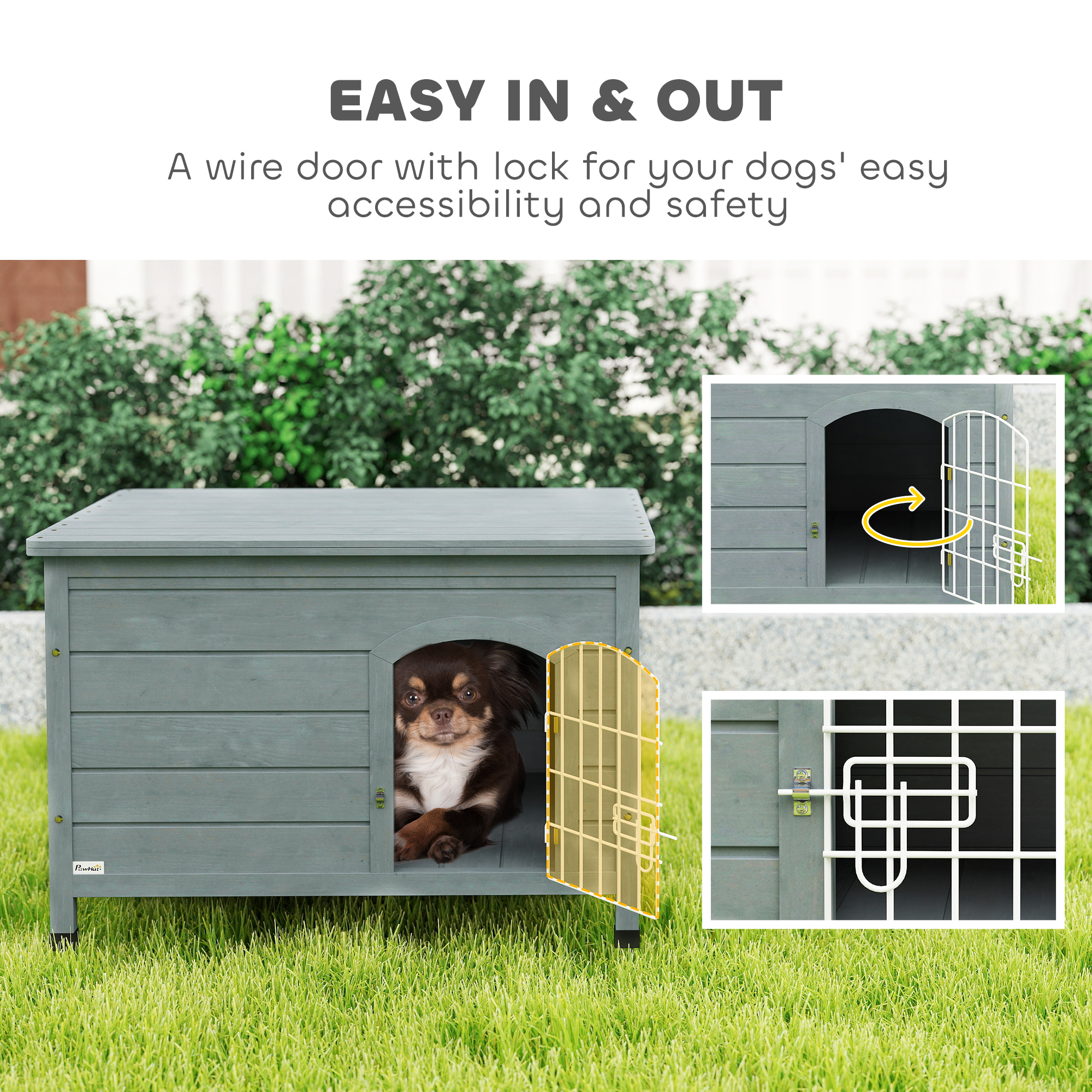 PawHut Wooden Dog House with Removable Bottom, Wire Door, Openable Top, Pet Shelter for Small Dog, 80 x 55 x 53.5cm, Dark Grey 7