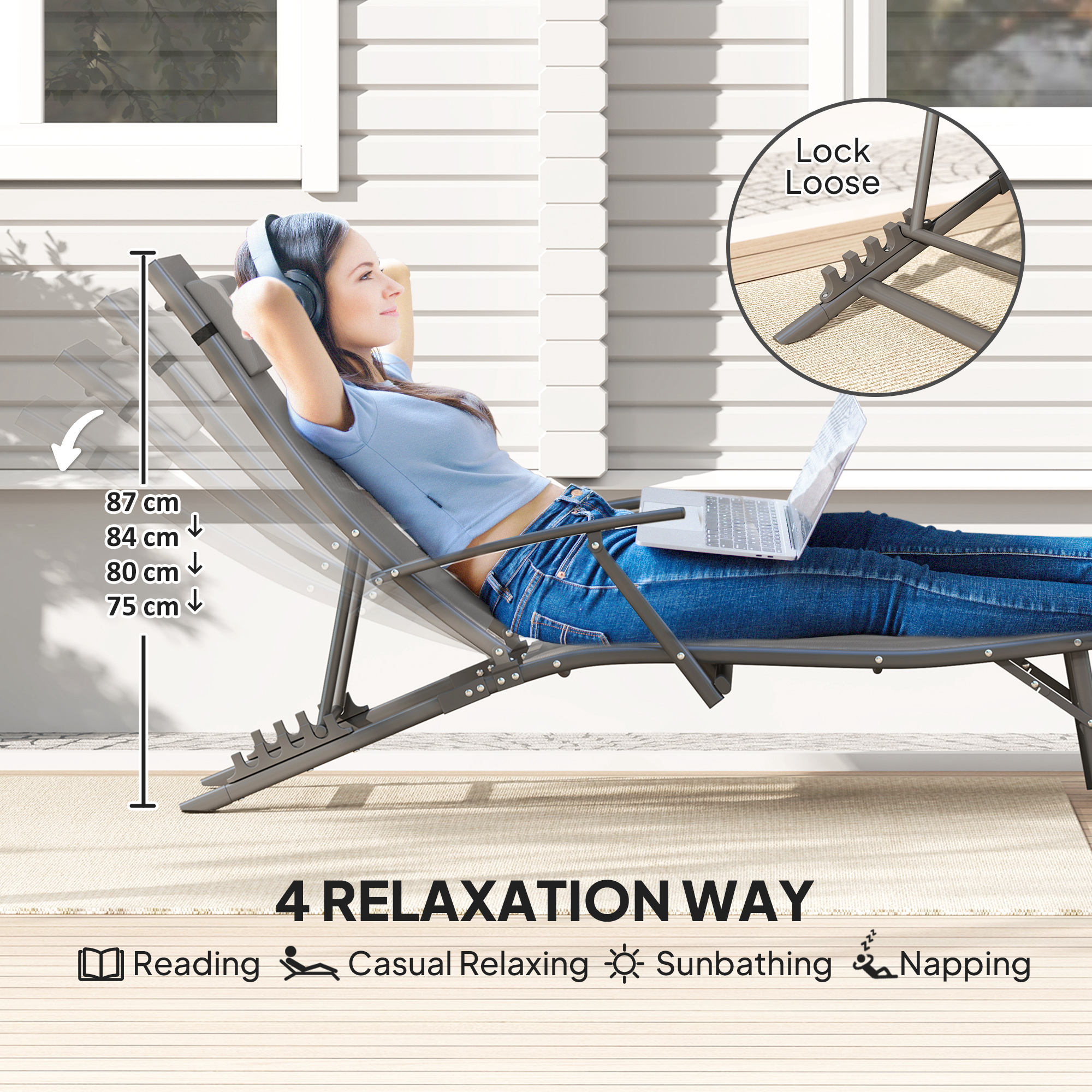  Set de 2 sezlonguri Pliante, Ajustabile in 4 Pozitii cu Cotiere si Perne, 64x154x87 cm, Gri [3]