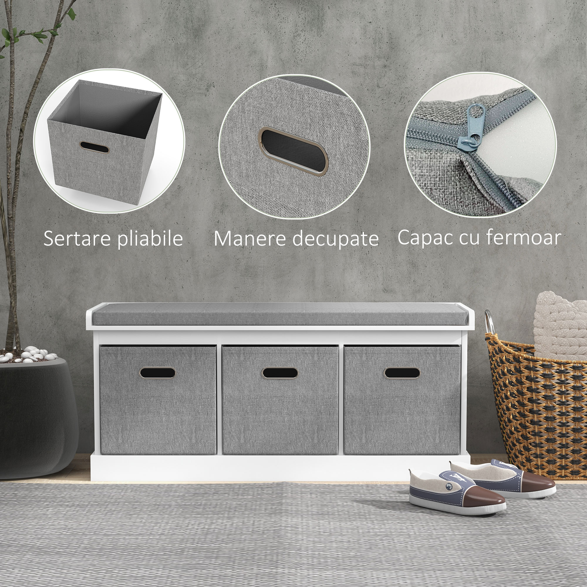  Pantofar tip Bancuţa cu 3 Sertare si Şezut din Lemn, 105x35x47 cm, Alb [5]