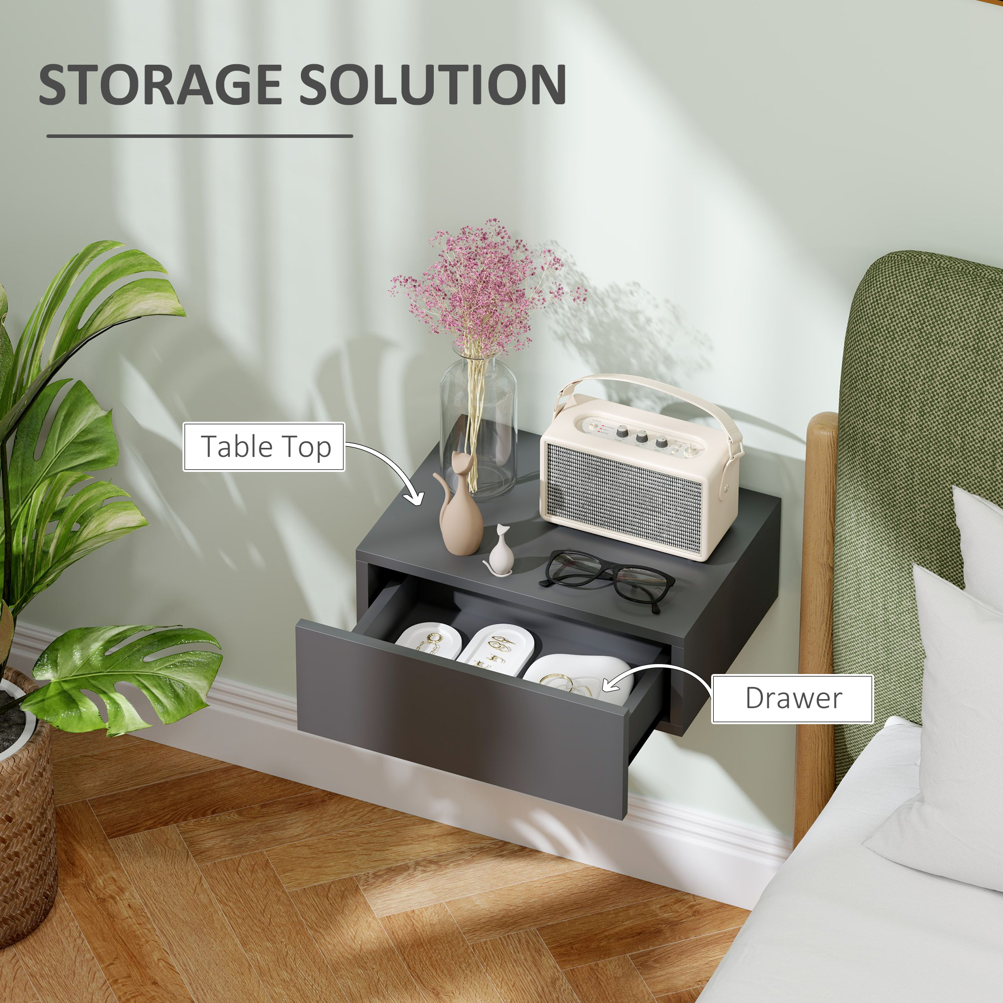  Noptiera Suspendata Moderna cu Sertar, din Lemn, 40x30x15 cm, Negru [4]