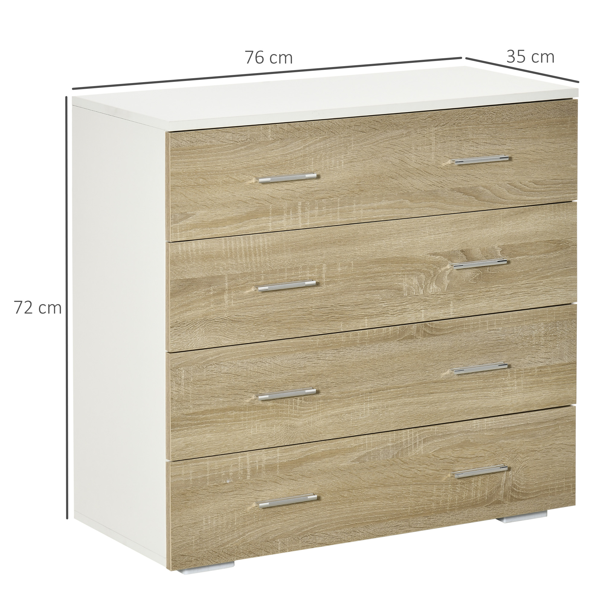  Comoda cu 4 Sertare, Manere din Aluminiu si Structura din Lemn, 76x35x72cm, Alb si Stejar [2]