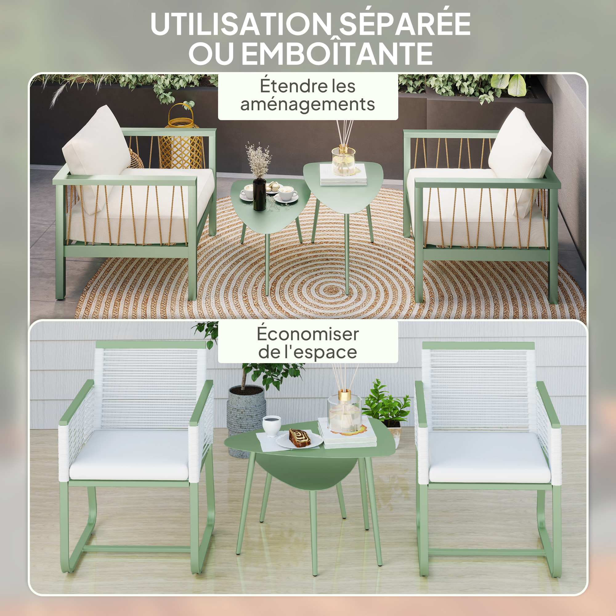 Lot De 2 Tables Basses Gigognes Jardin Outsunny - Ronde Résine Tressée Imitation Rotin Avec Plateau Verre Beige