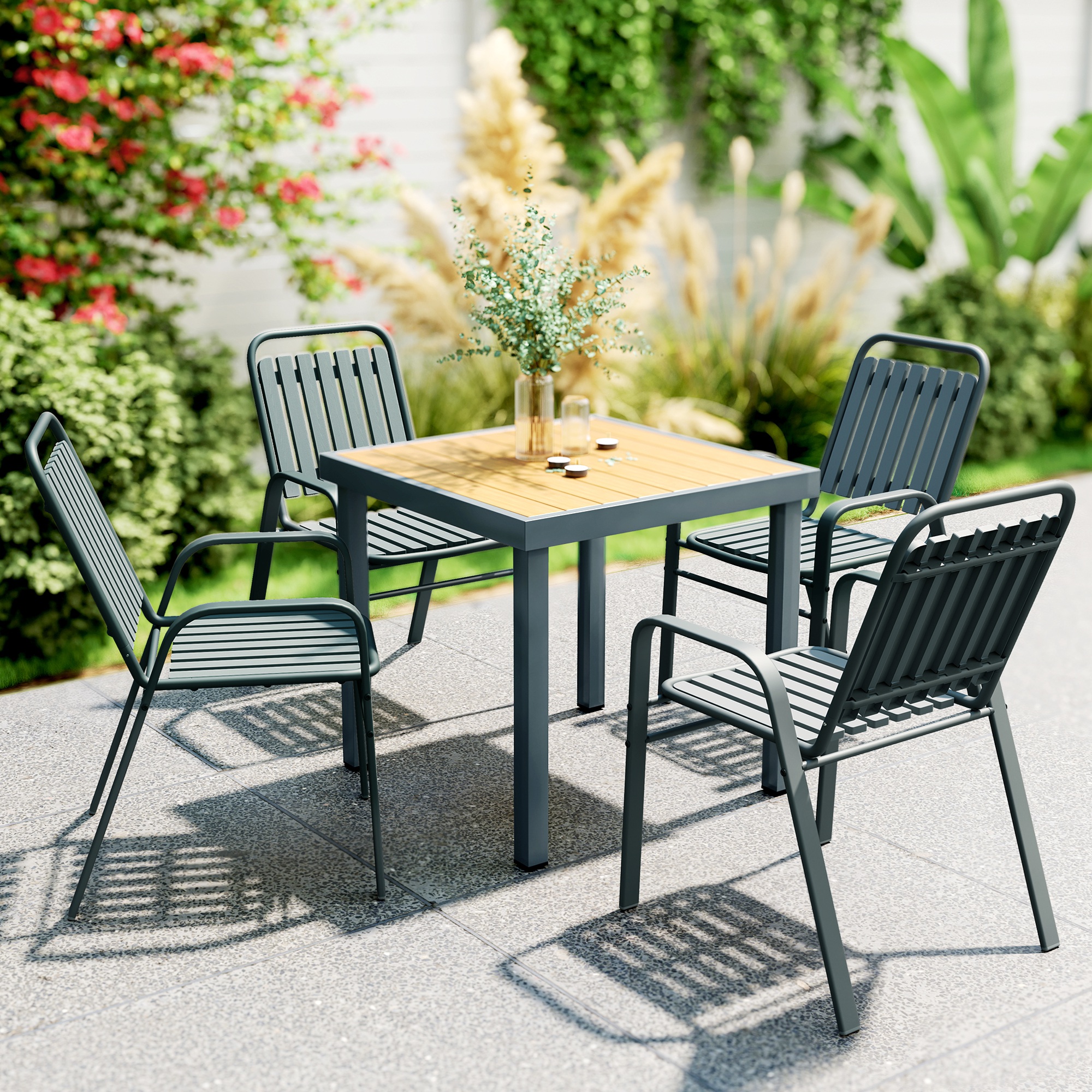 Outsunny Lot De 4 Chaises De Jardin Empilables - Dossier Haut Incliné, Tissu Maille Respirante, Cadre Acier Noir - Confort Et Gain De Place