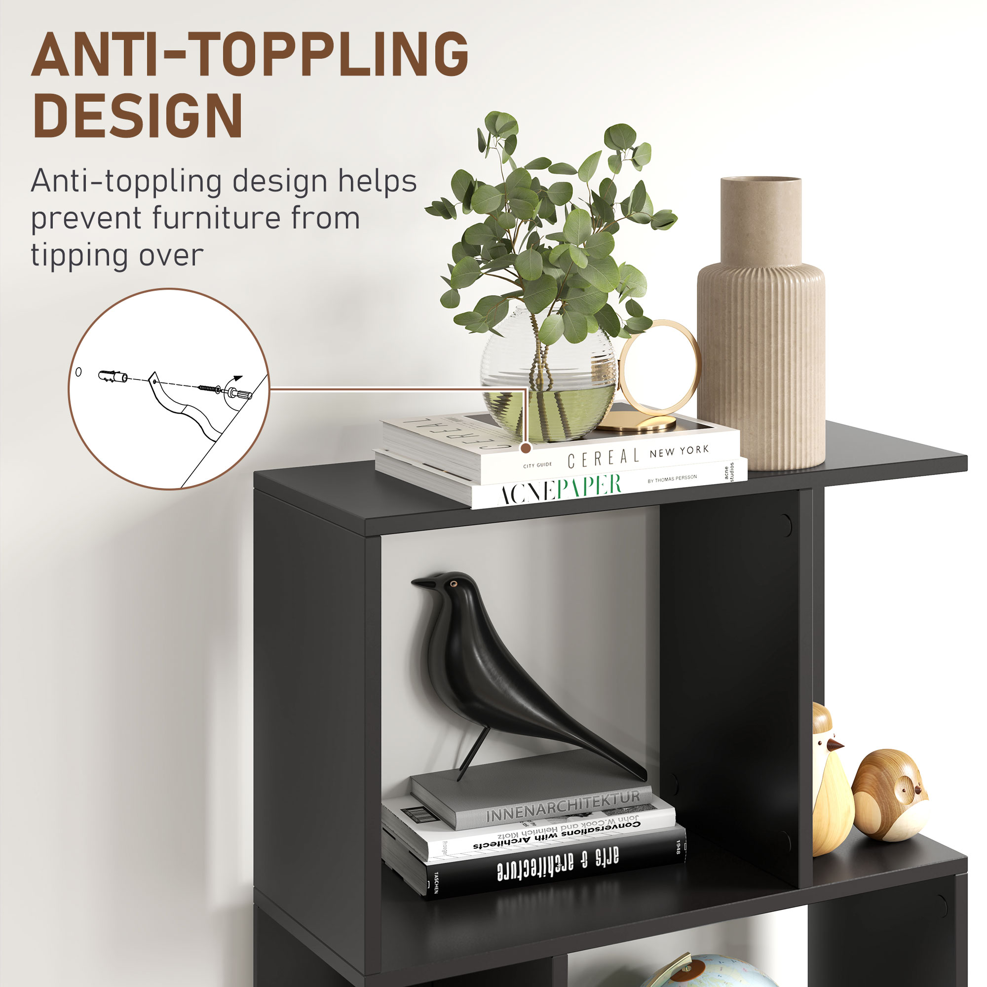  Biblioteca cu 5 Rafturi Divizate in Forma de S din Lemn, 60x24x184.5 cm, Negru [5]