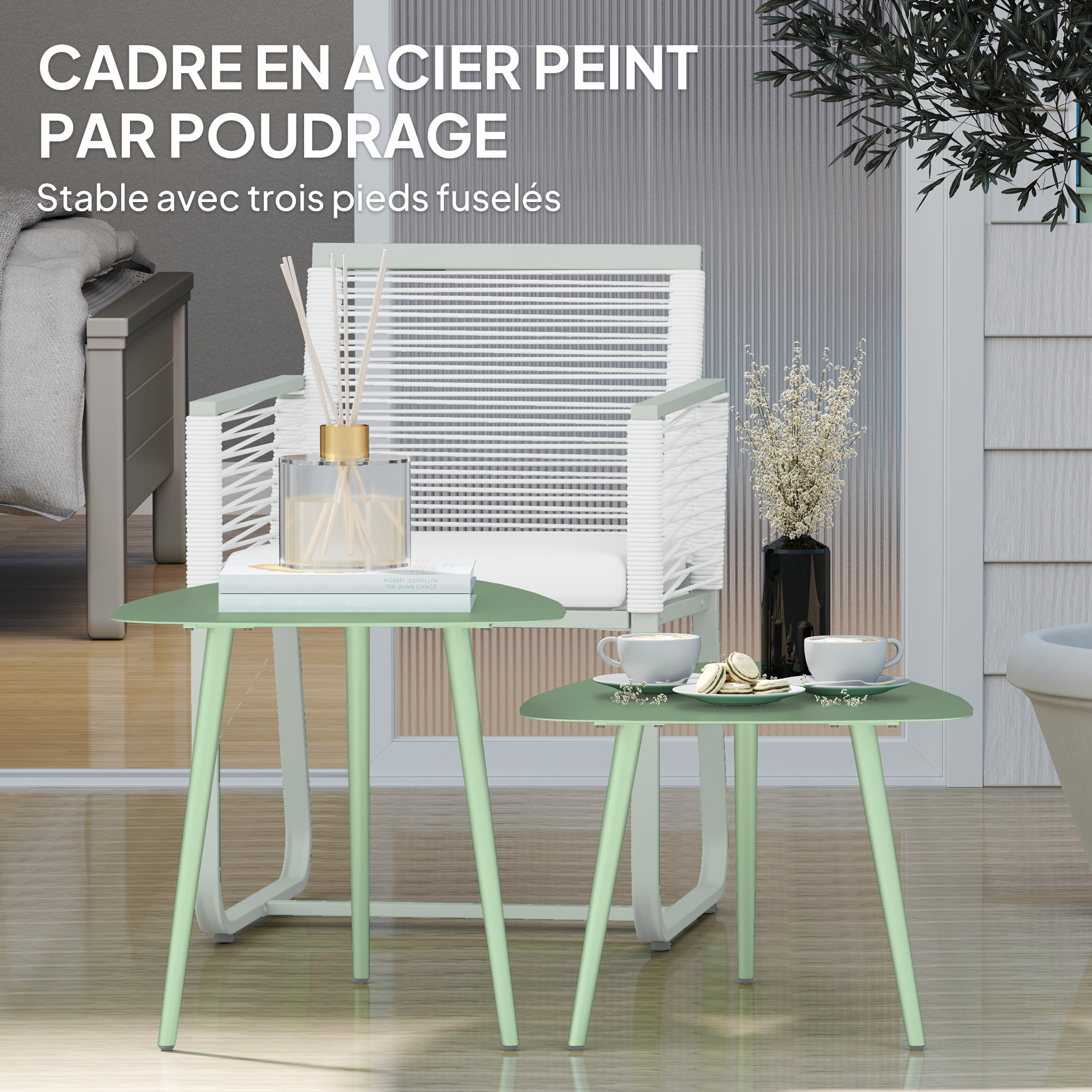 Outsunny Lot De 2 Tables Basses Gigognes Jardin Ronde Résine Tressée Imitation Rotin Kaki Foncé