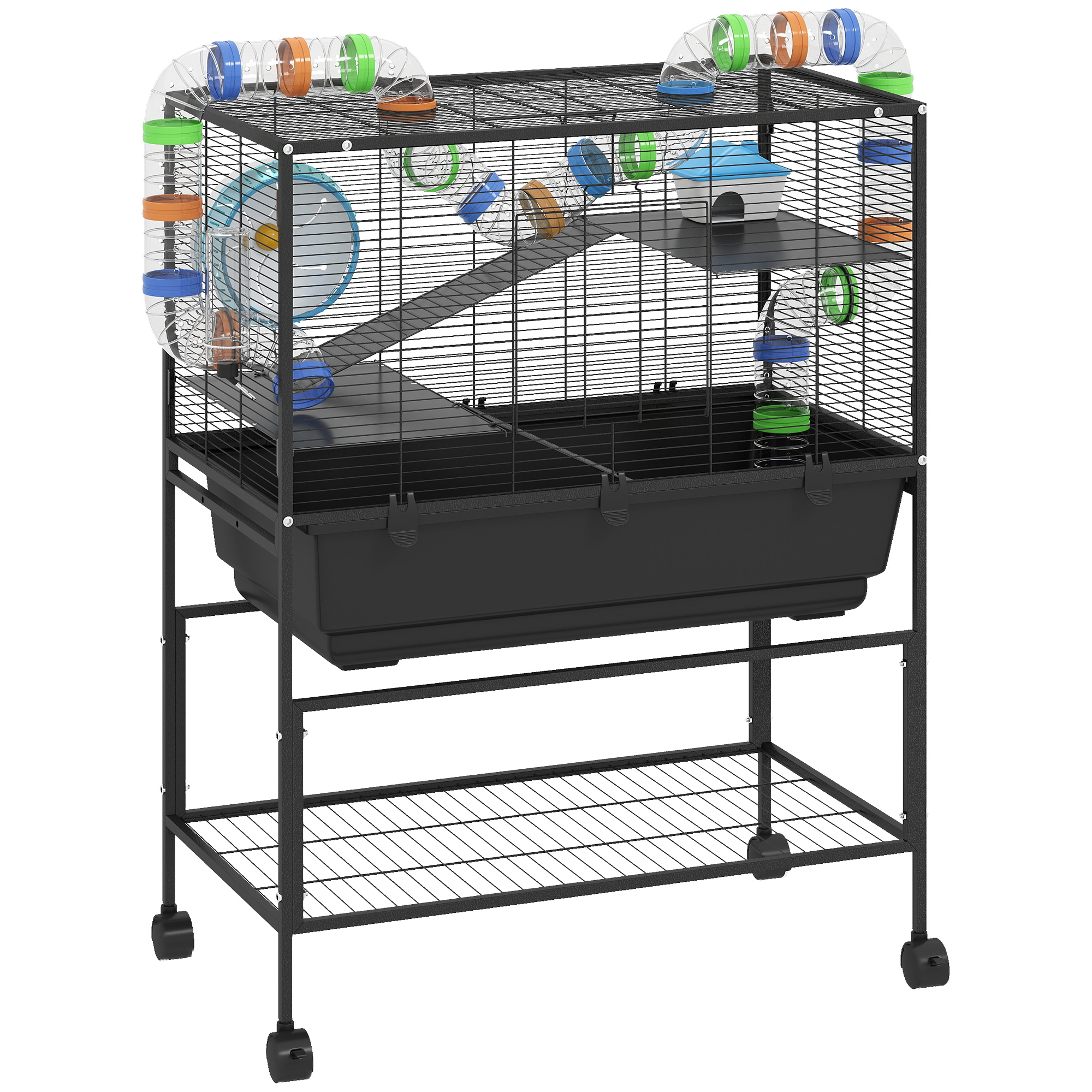 PawHut 3-Tier Hamster Cage with Transparent Top, Sand Bathroom, Exercise Wheel, Hideout Room, Tubes, 45 x 28 x 60 cm, Green