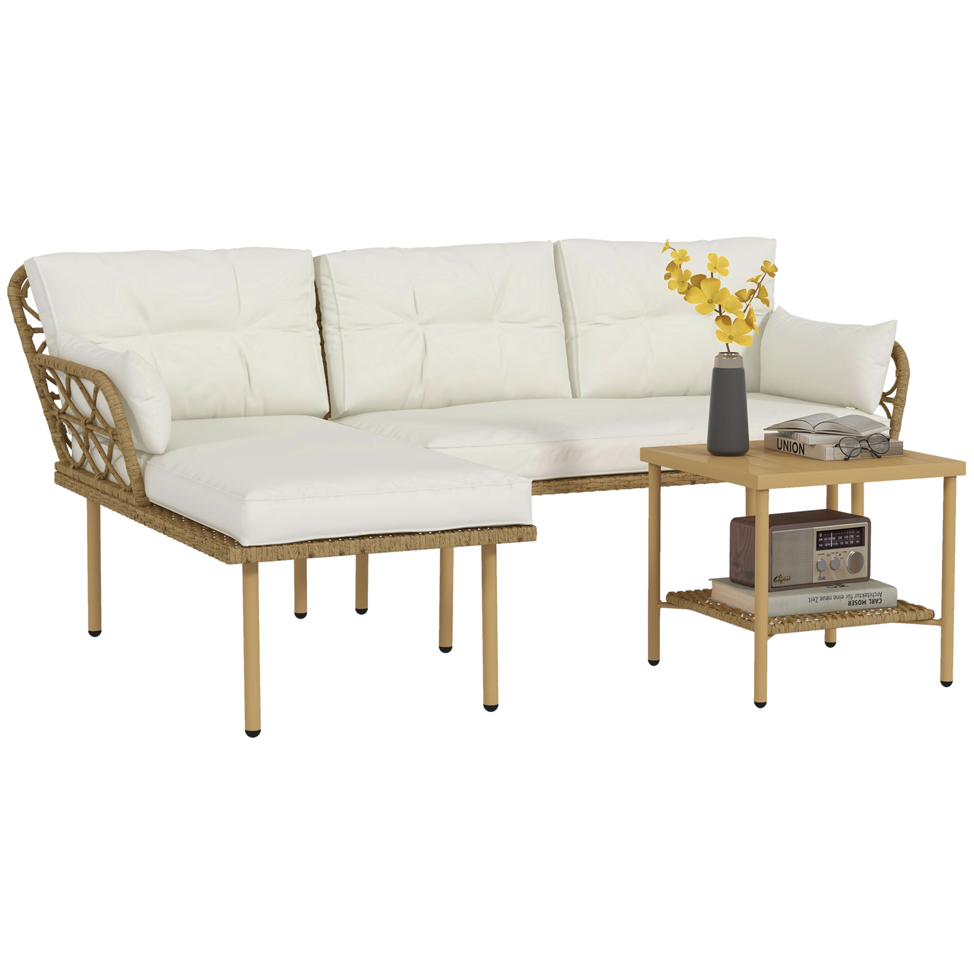 Outsunny Salon de jardin d'angle 4 pers. 3 pièces avec 1 table basse coussins grand confort inclus résine tressée crème