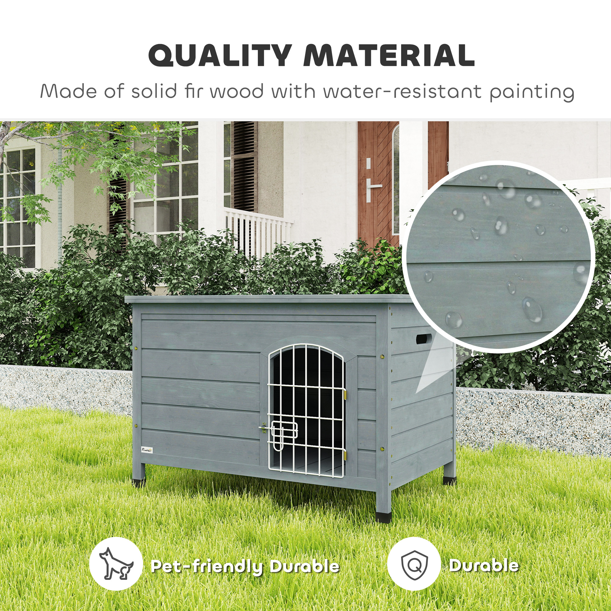 PawHut Wooden Dog House with Removable Bottom, Wire Door, Openable Top, Pet Shelter for Small Dog, 80 x 55 x 53.5cm, Dark Grey 4