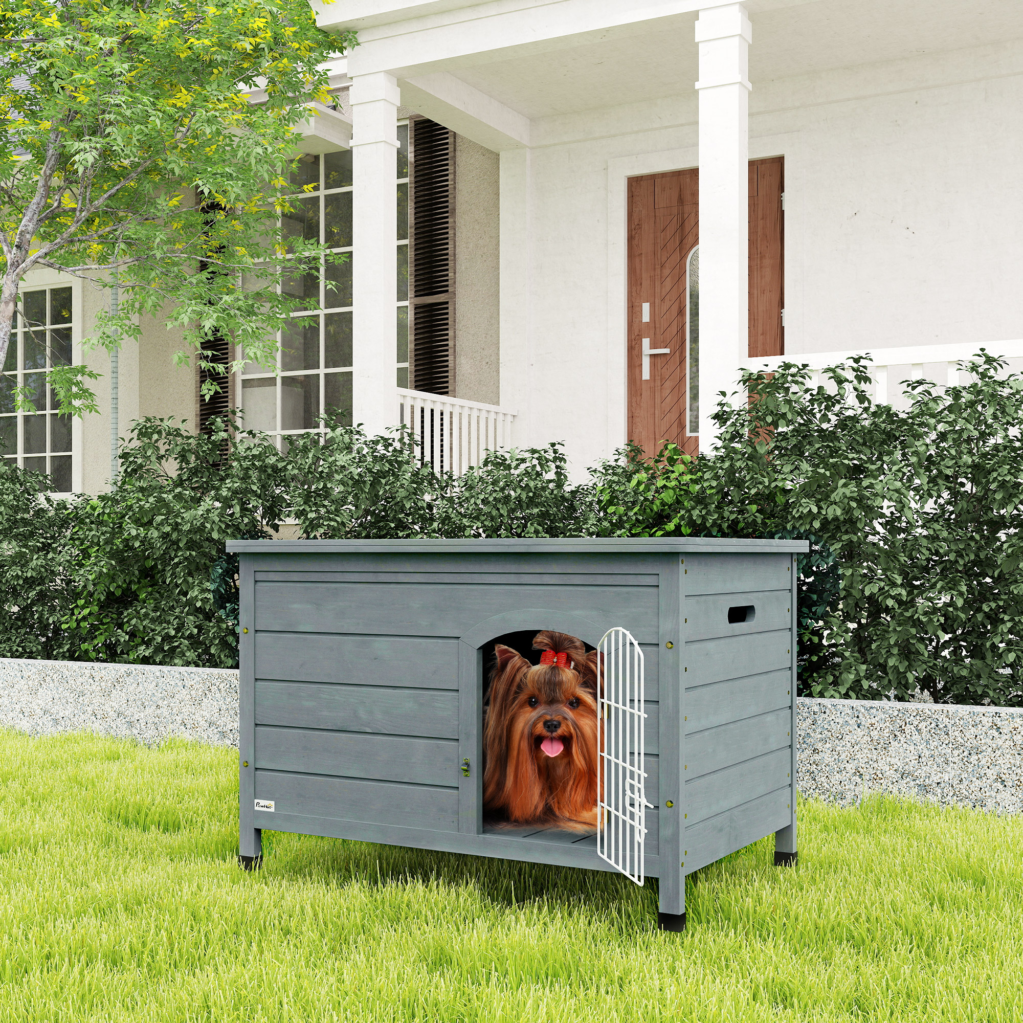 PawHut Wooden Dog House with Removable Bottom, Wire Door, Openable Top, Pet Shelter for Small Dog, 80 x 55 x 53.5cm, Dark Grey 2