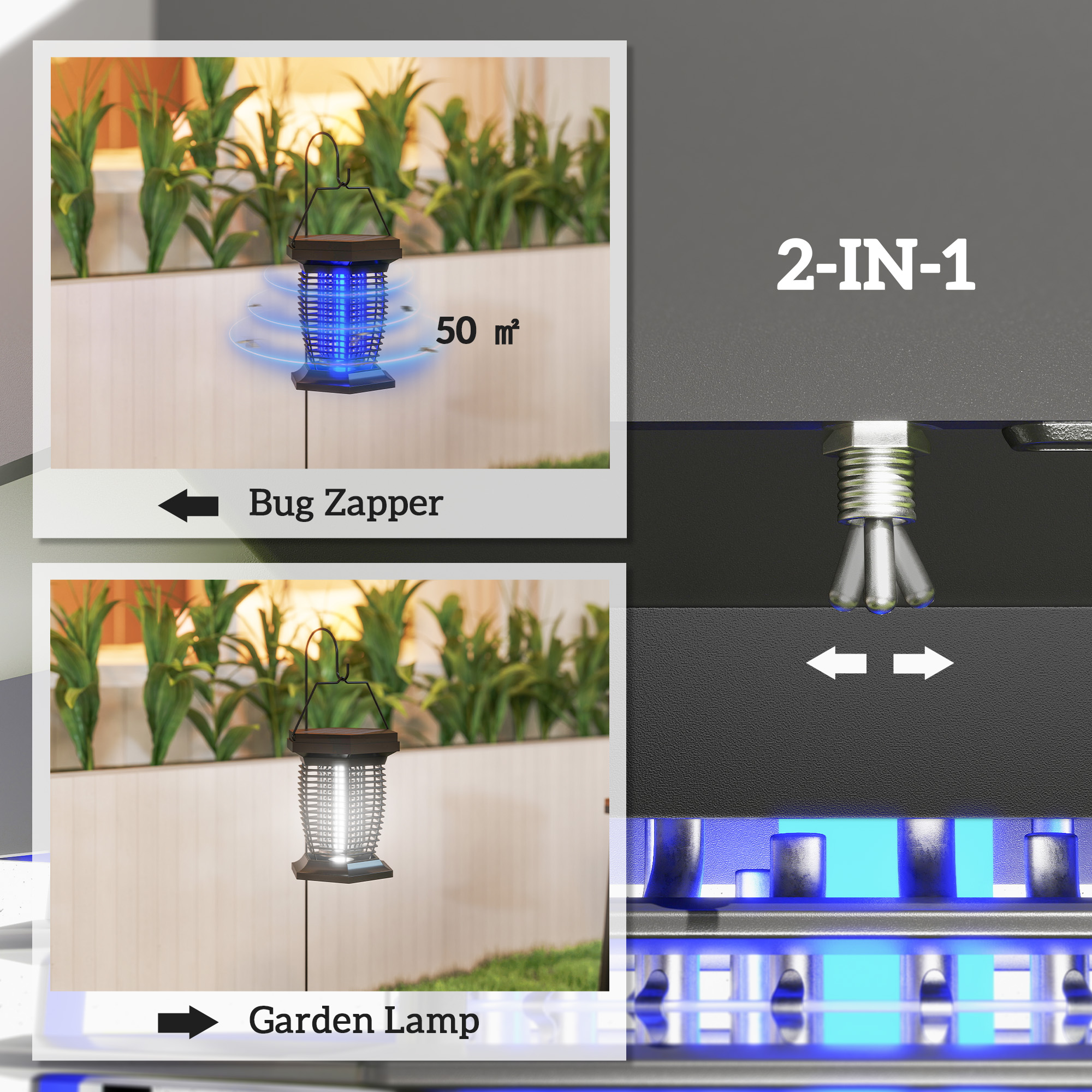 Outsunny 2-in-1 Electric Fly Zapper with UVA Light, Hanging Garden Lantern, Solar and USB-DC Rechargeable Insect Mosquito Bug Zapper, Fly Killer for Indoor and Outdoor Use, Black 4