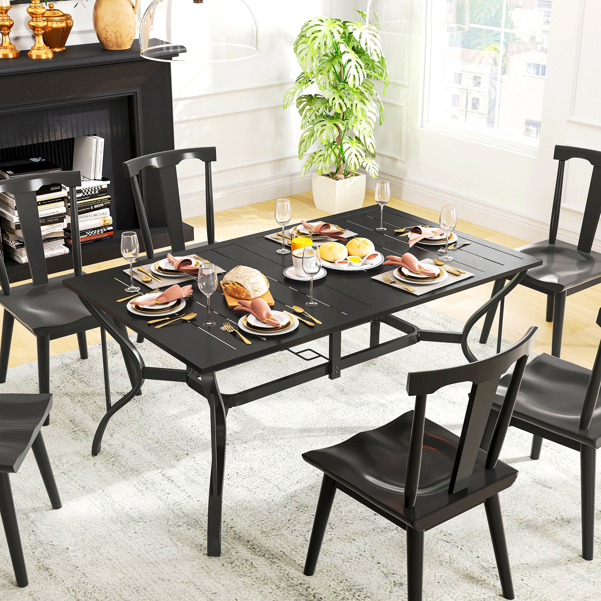 Outsunny Rectangle Garden Dining Table with Parasol Hole, Patio Table with Steel Frame and Slat Tabletop, 150cm x 90cm, Black 9