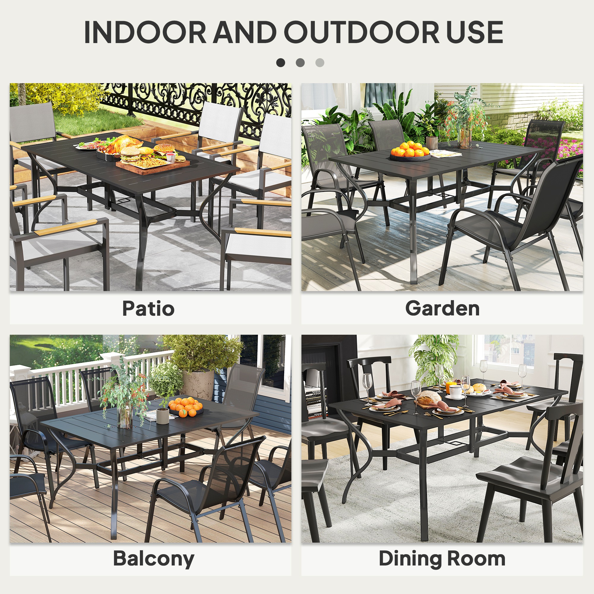 Outsunny Rectangle Garden Dining Table with Parasol Hole, Patio Table with Steel Frame and Slat Tabletop, 150cm x 90cm, Black 6
