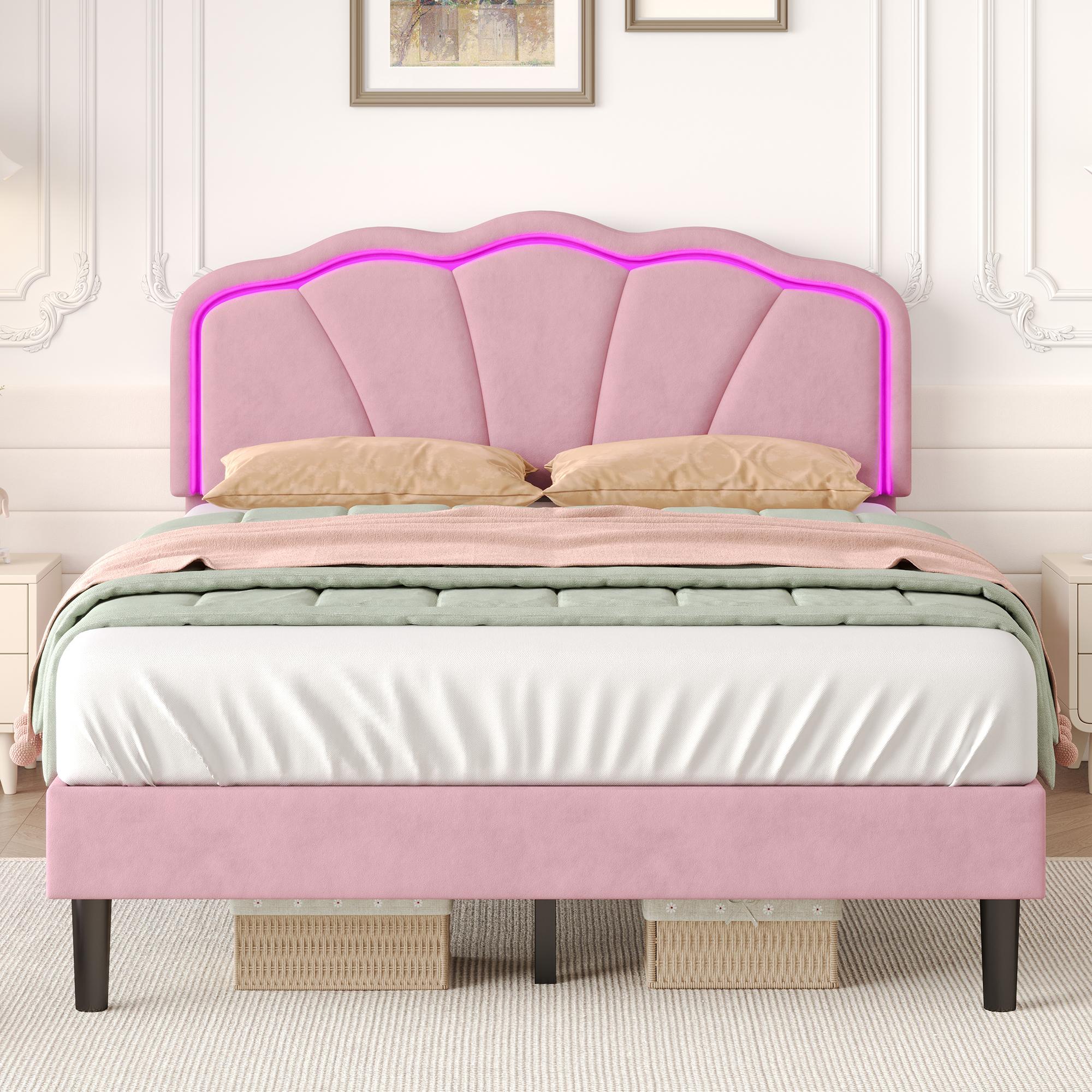 Product photograph of Double Upholstered Bed With Led Adjustable Shell Headboard Charging Station Perfect For Modern Bedroom 194l X 139w X 111h Cm Pink Aosom Uk from Aosom UK