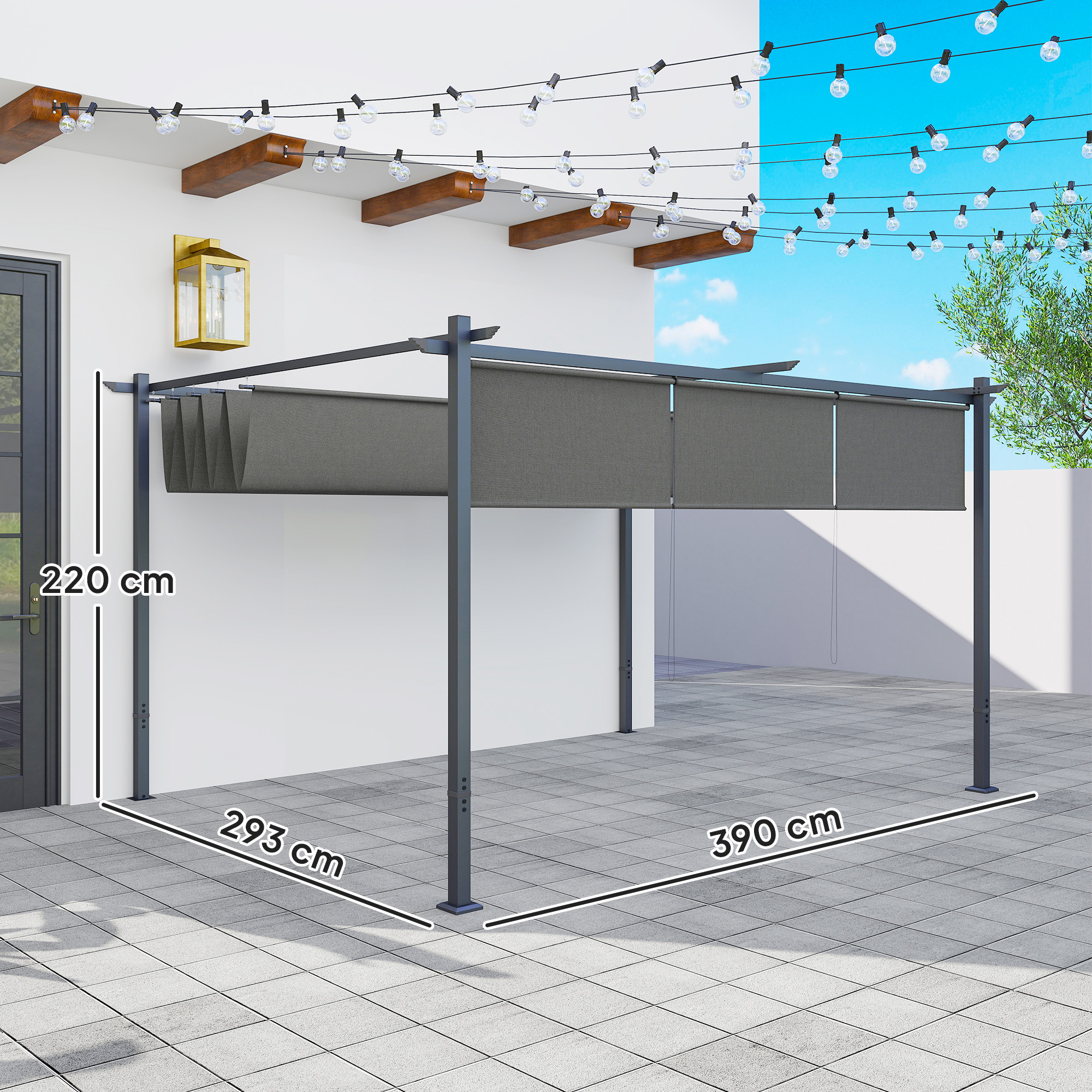 Outsunny 3 x 4m Metal Pergola with Retractable Roof and Roller Shade, Wall-Mounted or Free Standing Garden Gazebo Canopy Pergola Kit, UPF30+ Outdoor Sun Shade Shelter, Grey 3