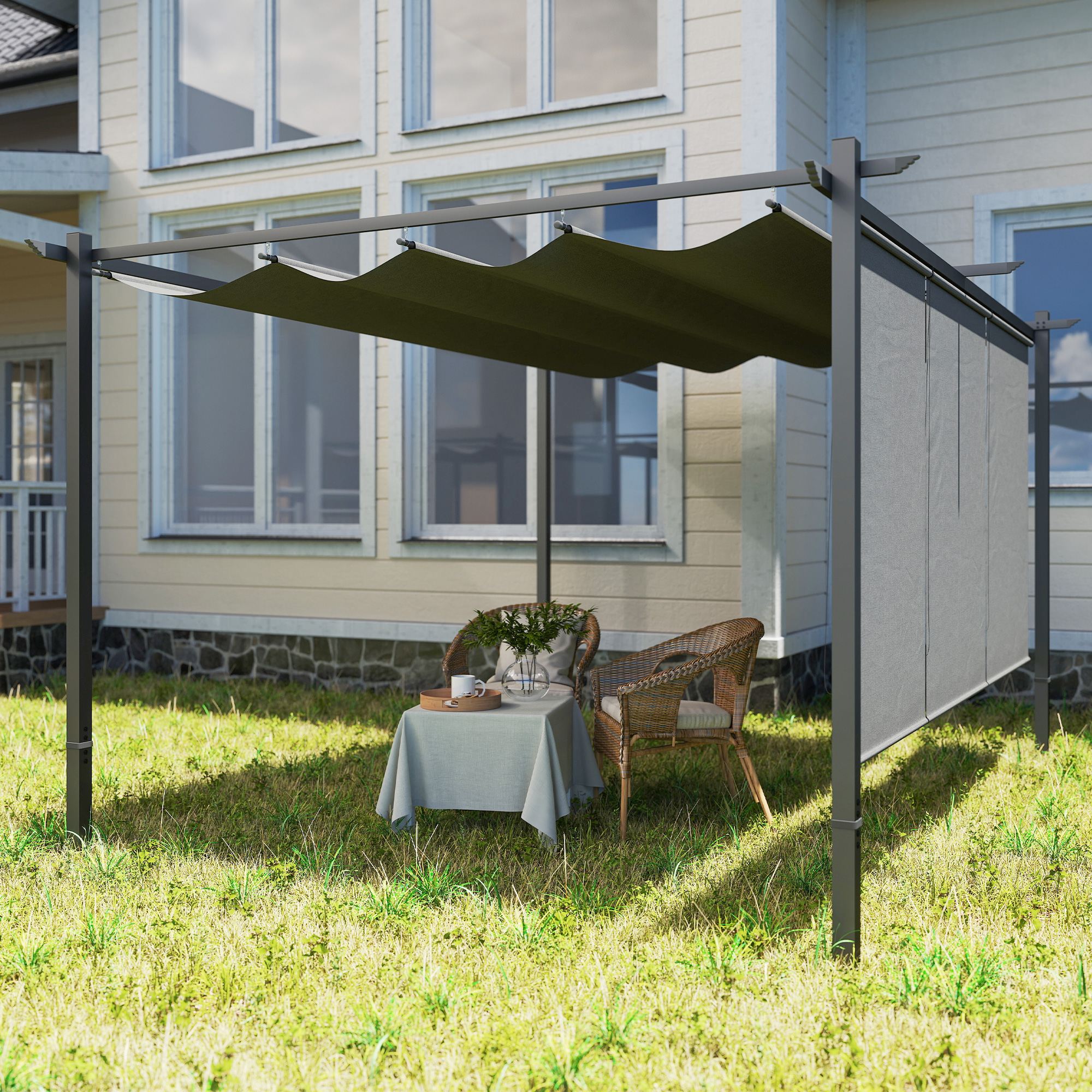 Outsunny 3 x 4m Metal Pergola with Retractable Roof and Roller Shade, Wall-Mounted or Free Standing Garden Gazebo Canopy Pergola Kit, UPF30+ Outdoor Sun Shade Shelter, Grey 9