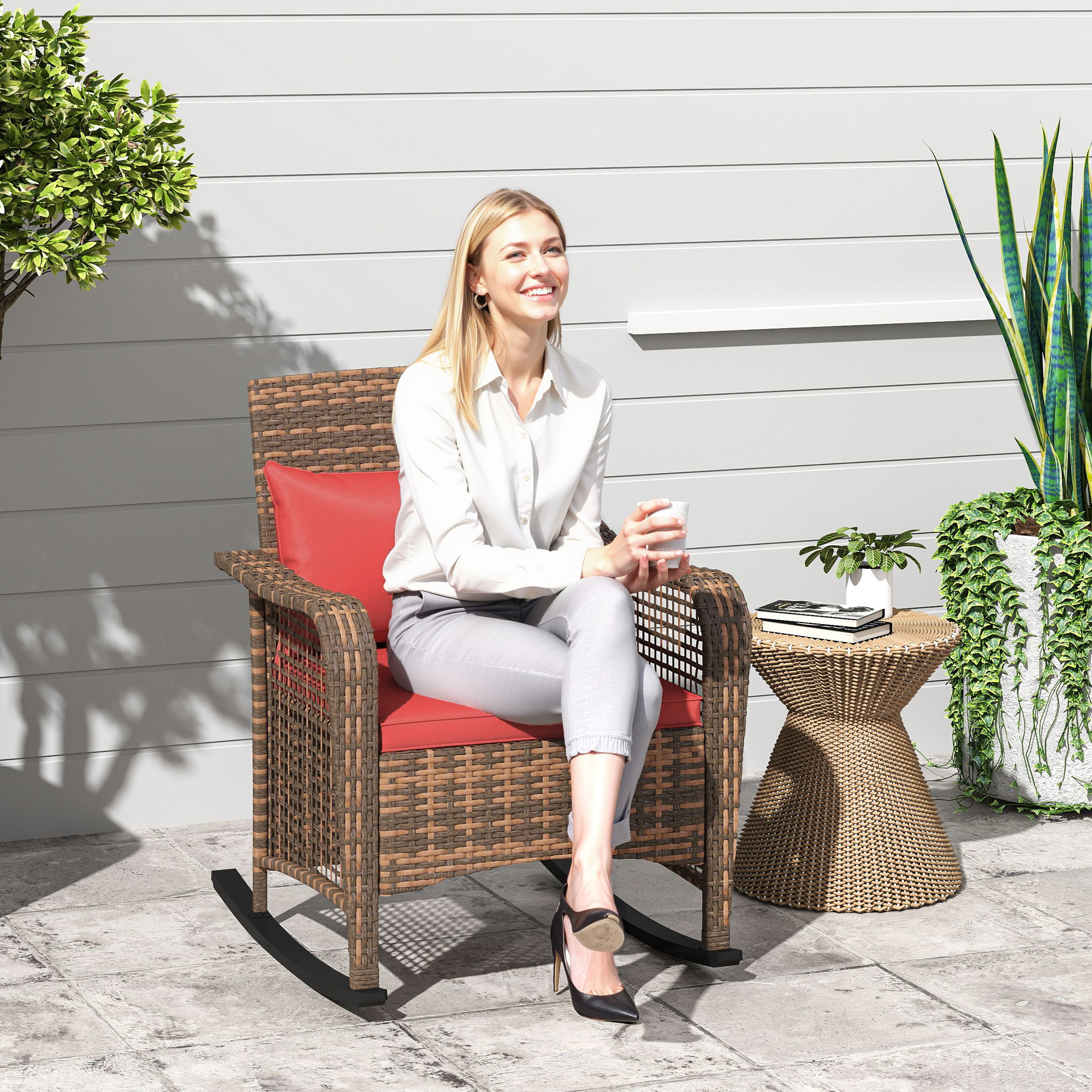 Outsunny Rattan Rocking Chair - Red