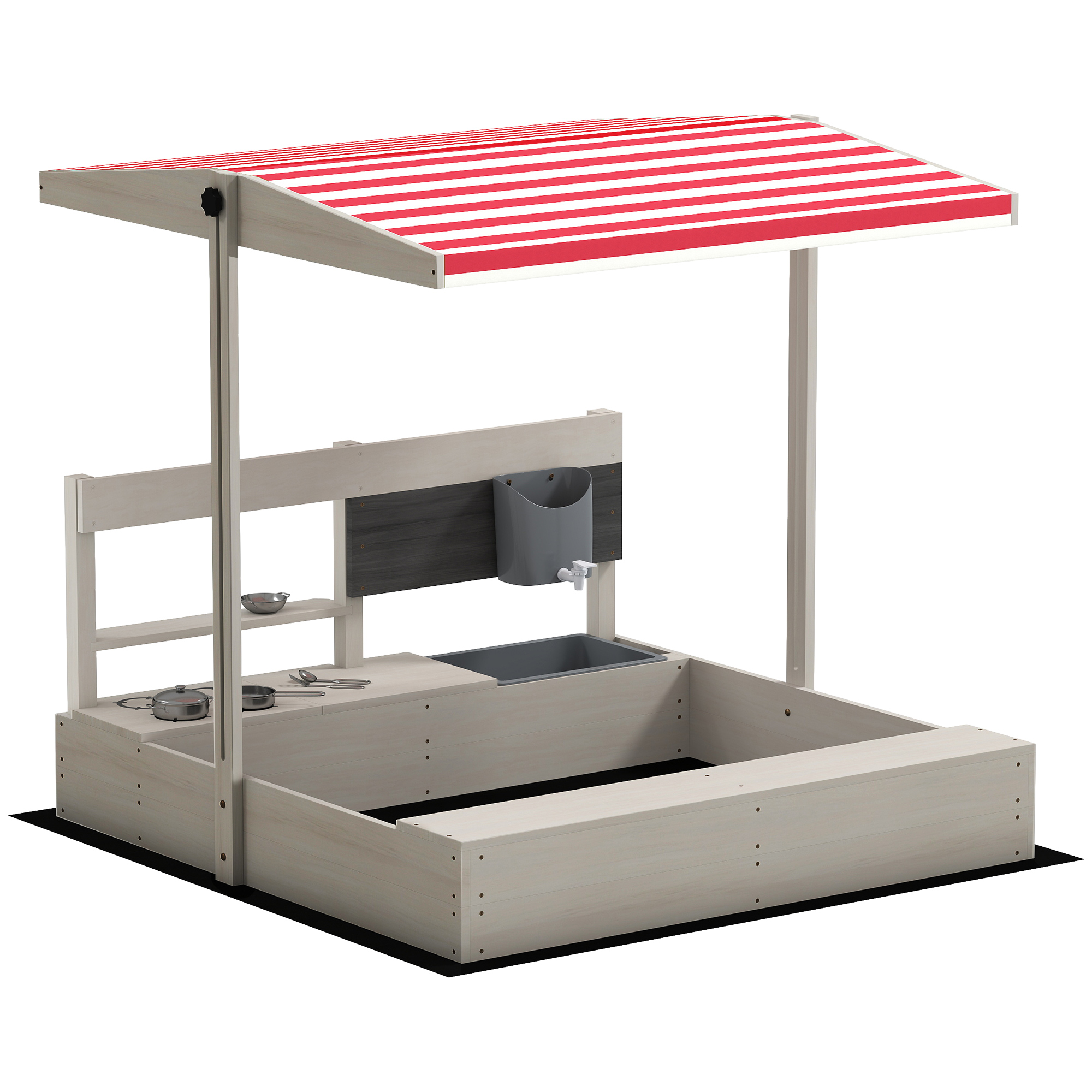 Outsunny Arenero de Madera para Niños con Techo Regulable con Juguetes de Cocina Juego para Niños de 3-7 Años 114x110x110 cm Gris | Aosom España