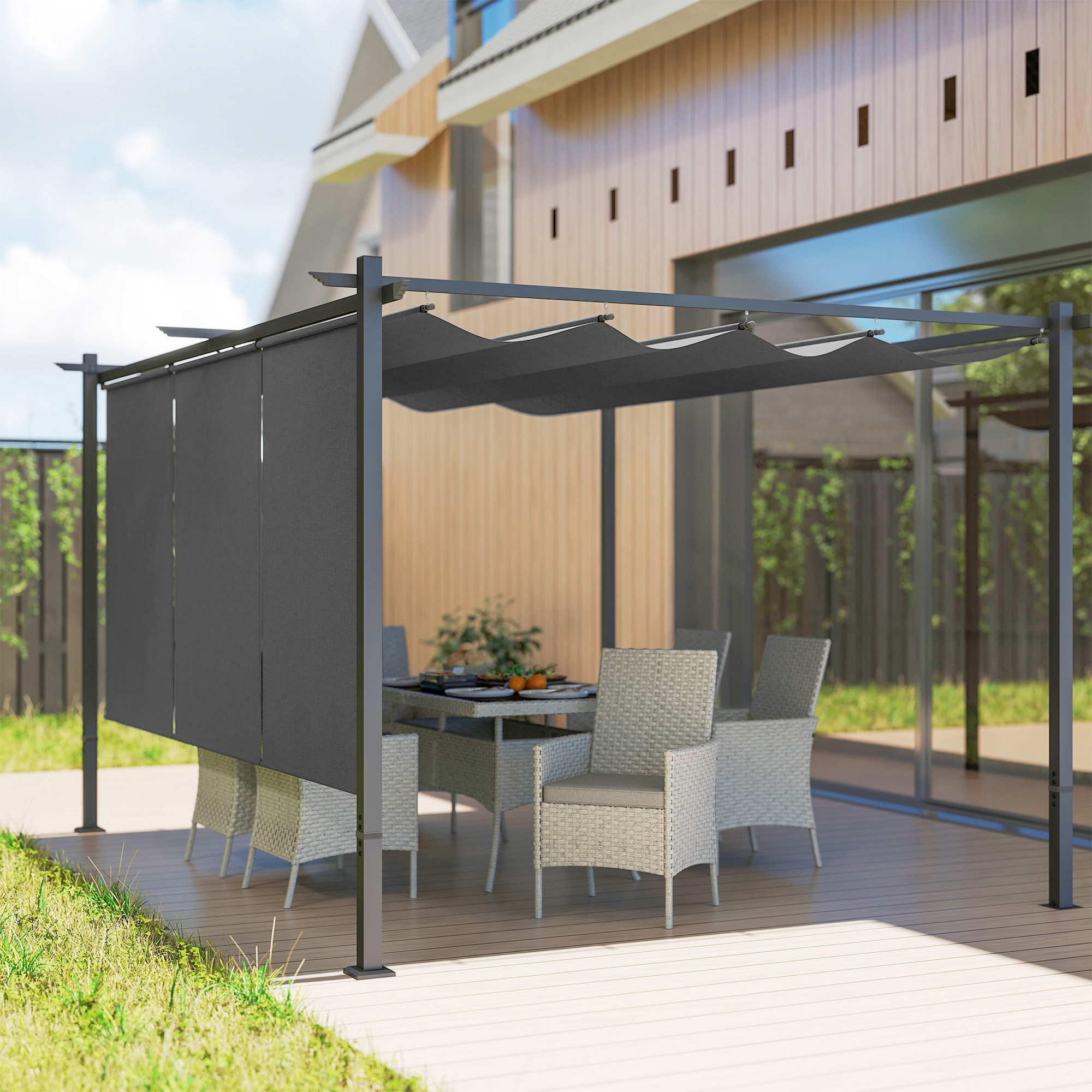 Outsunny 3 x 4m Metal Pergola with Retractable Roof and Roller Shade, Wall-Mounted or Free Standing Garden Gazebo Canopy Pergola Kit, UPF30+ Outdoor Sun Shade Shelter, Grey 8