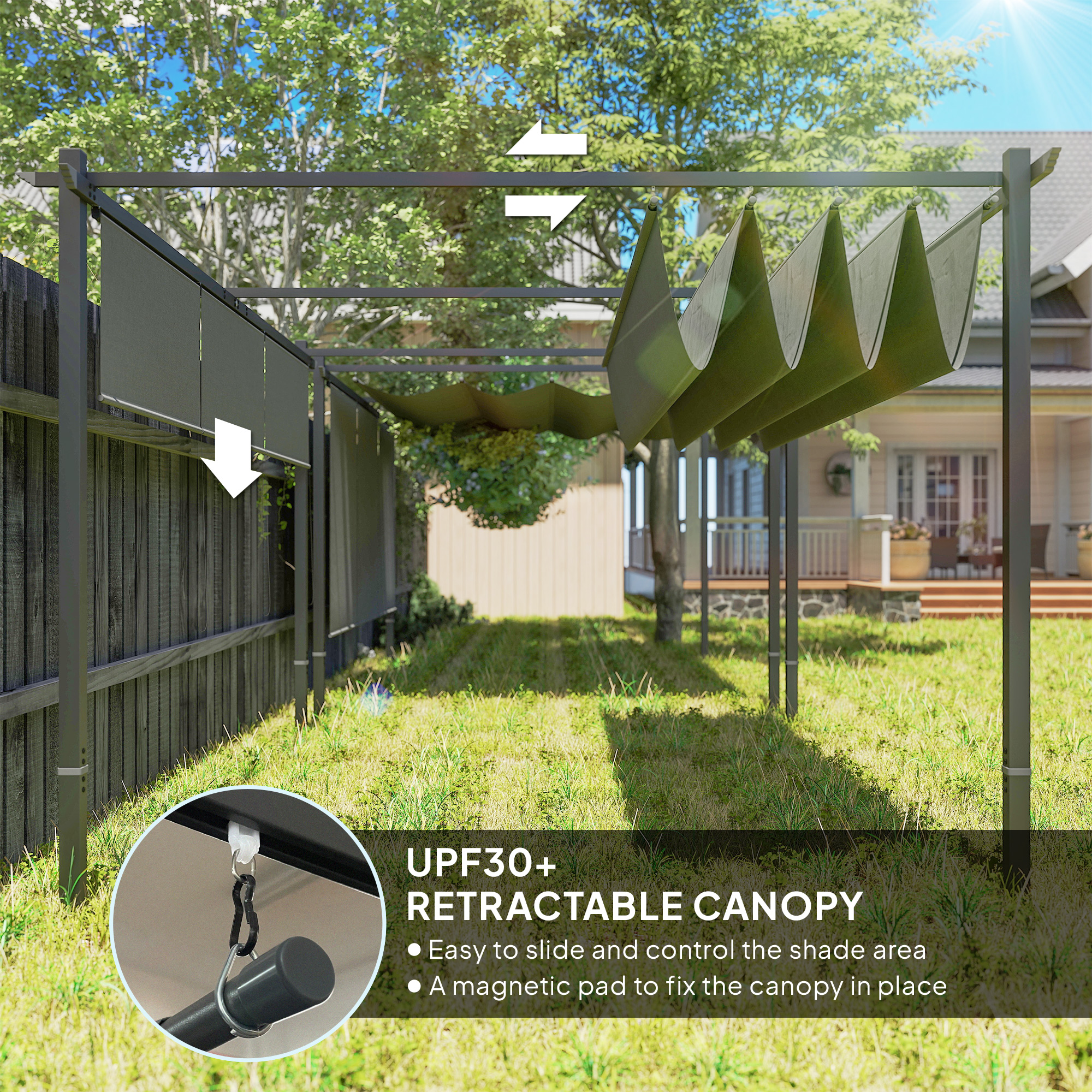 Outsunny 3 x 4m Metal Pergola with Retractable Roof and Roller Shade, Wall-Mounted or Free Standing Garden Gazebo Canopy Pergola Kit, UPF30+ Outdoor Sun Shade Shelter, Grey 4