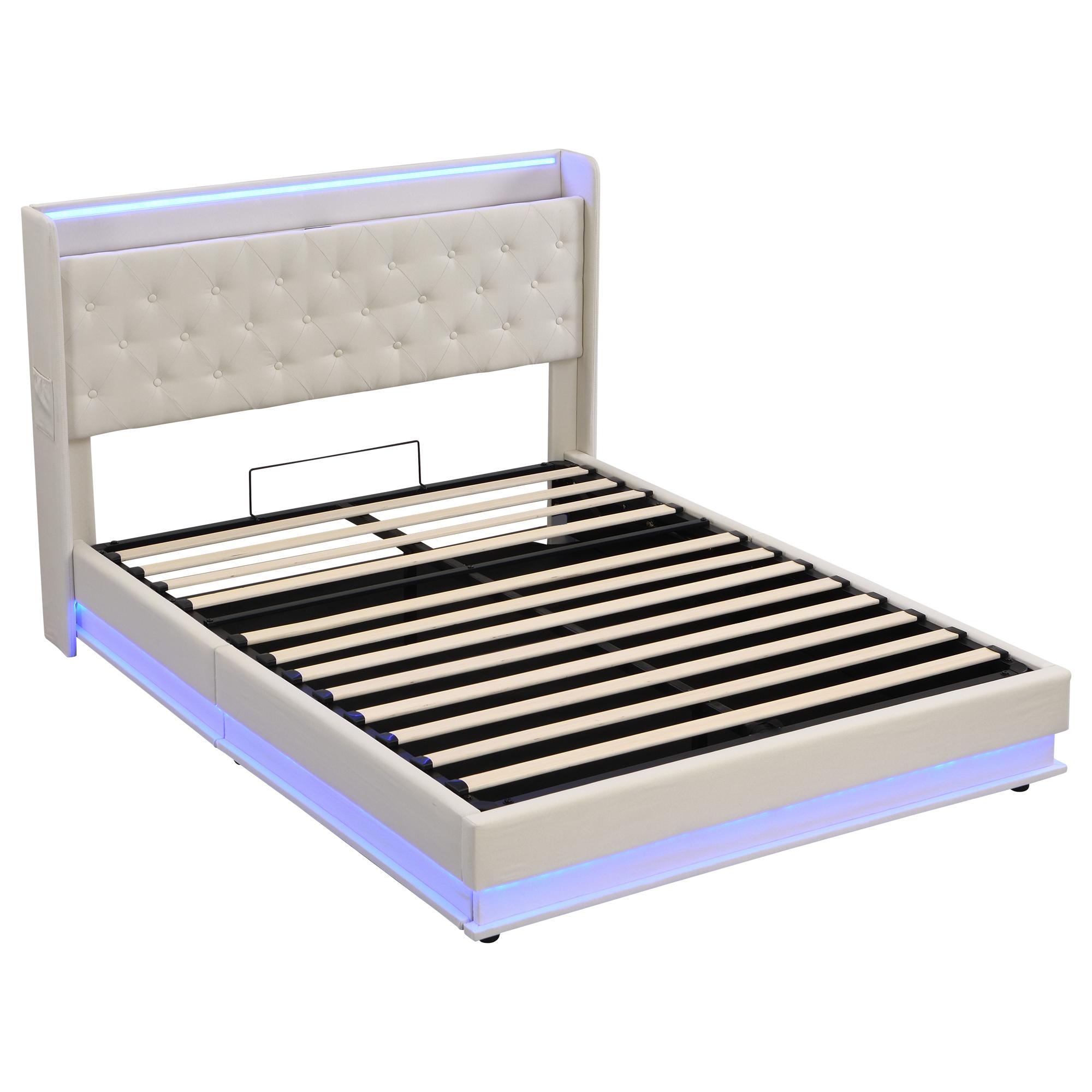 Double Upholstered Bed Frame with Hydraulic Storage, Beige | Aosom UK