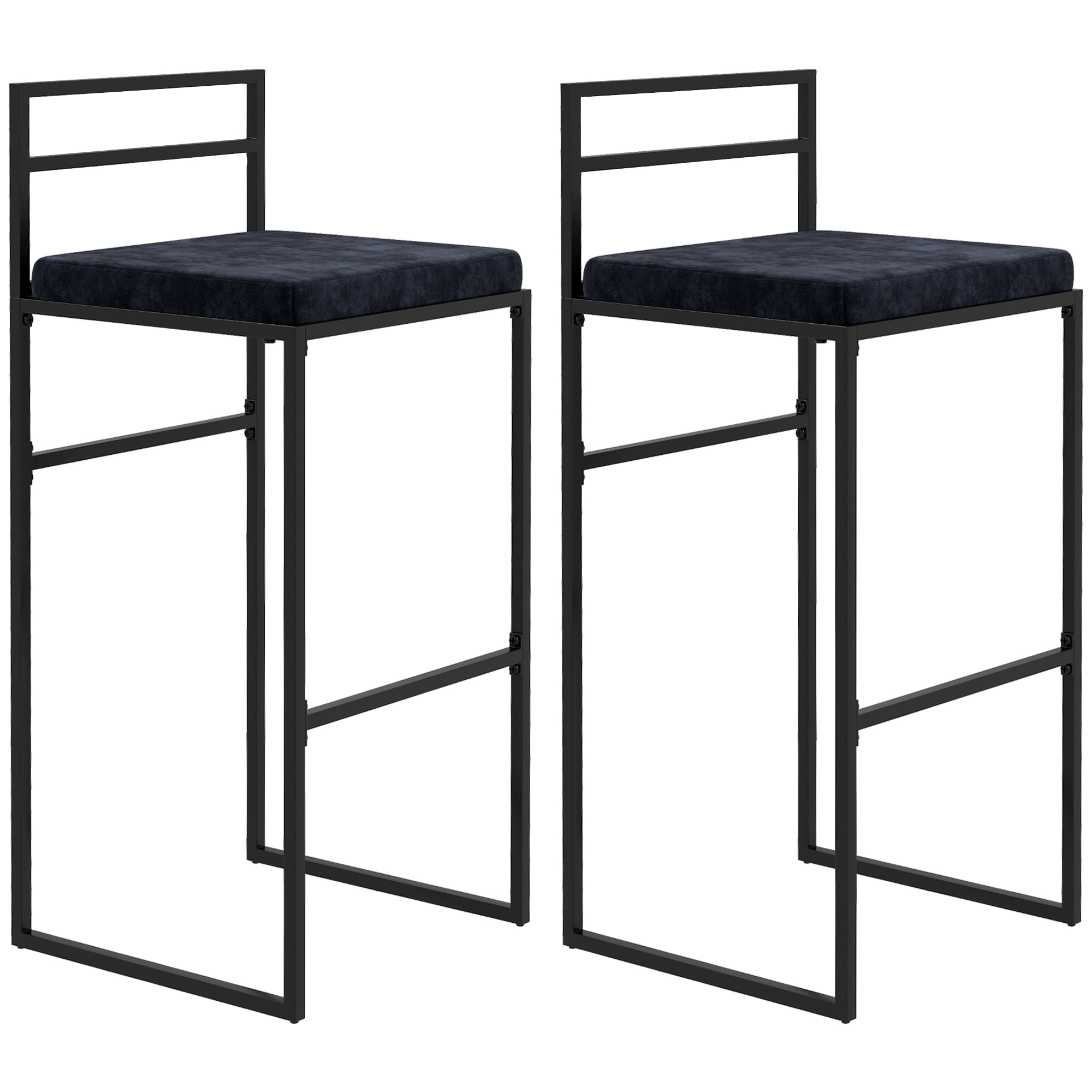 HOMCOM Conjunto de 2 taburetes altos para bar con cojín de asiento de terciopelo y reposapiés, altura 74 cm, negro