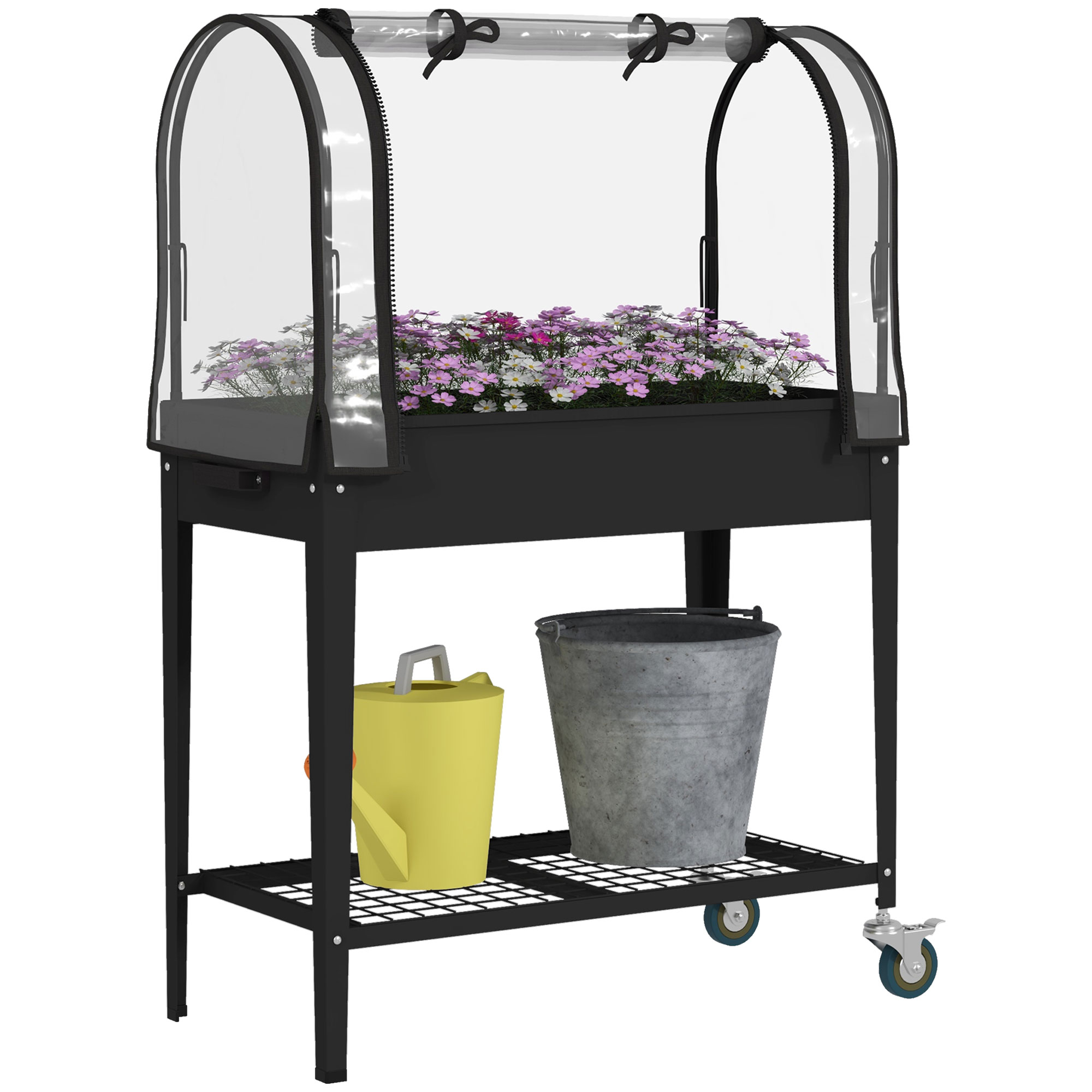 Image of Outsunny Fioriera rialzata con copertura trasparente, 2 ruote e 1 ripiano inferiore, dim. 80L x 40l x 120H cm006