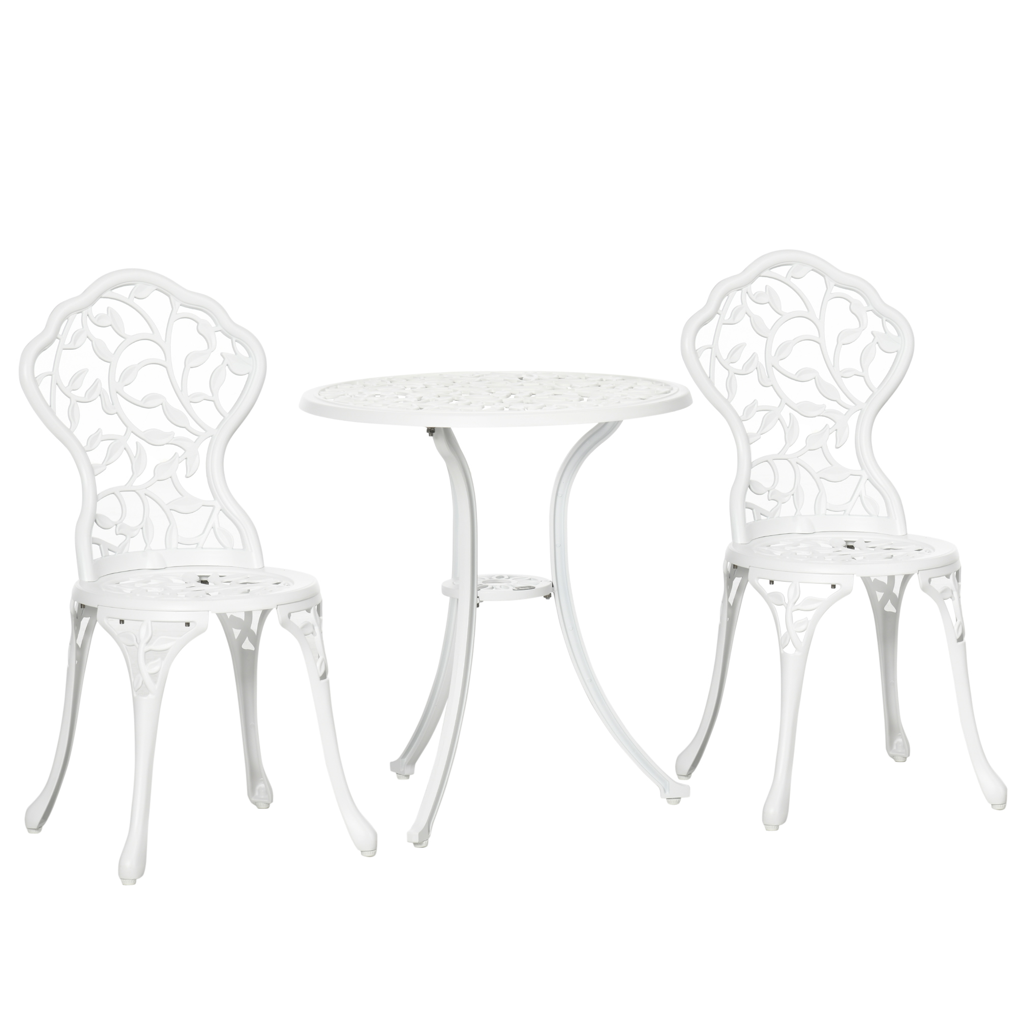 Outsunny Gartenmöbelset 3-teilig aus weißem Aluminium mit Blumendesign, 2 Außenstühlen 45x42x85,5 cm und rundem Tisch Ø61x66,5 cm Aosom