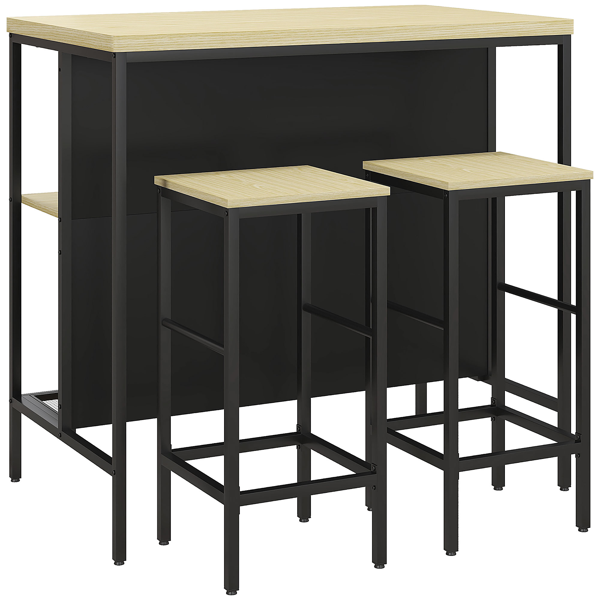 HOMCOM Conjunto mesa de bar y 2 taburetes estilo industrial con estante de almacenamiento, reposapiés, metal negro y aspecto madera