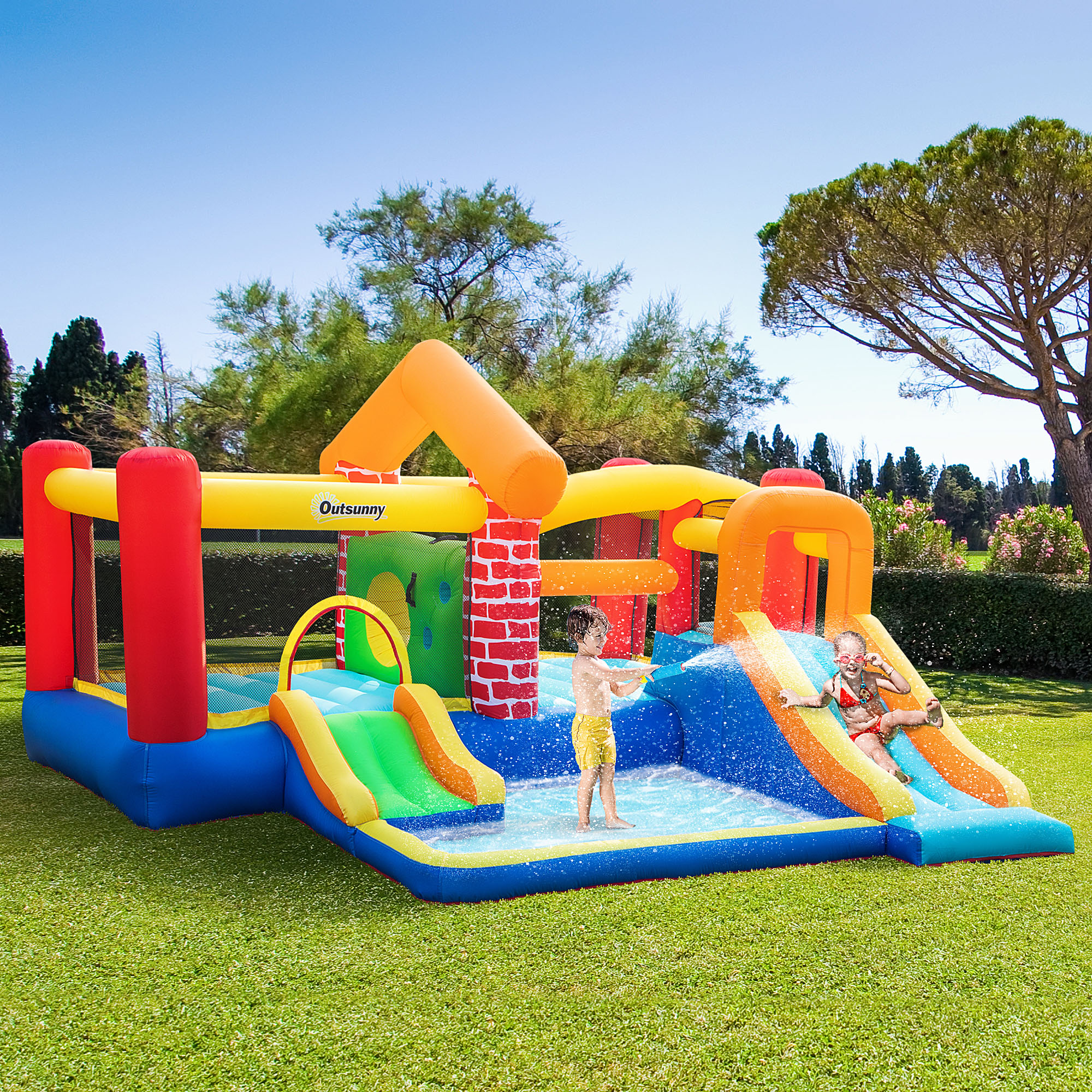 Outsunny Château Gonflable avec 2 Toboggans 2 Lits de Saut et Piscine pour Enfants +3 Ans Inclus Pompe et Sac de Transport pour Intérieur Extérieur 380x370x230 cm Multicolore