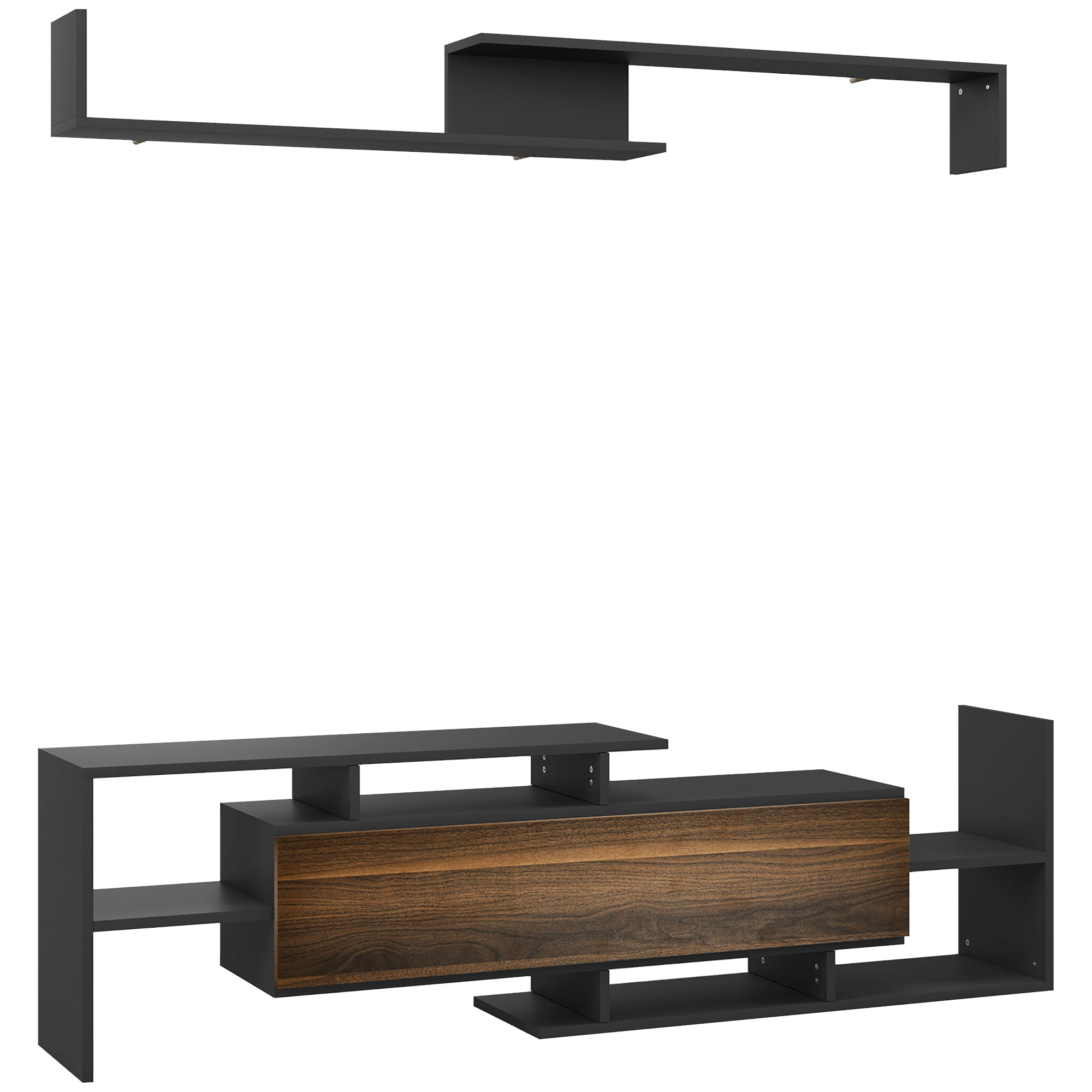 HOMCOM TV-Möbel mit Wandregal, offenen Regalen und Schrank aus Holz, modernes TV-Möbel für Wohn- und Schlafzimmer, Schwarz und Braun Aosom