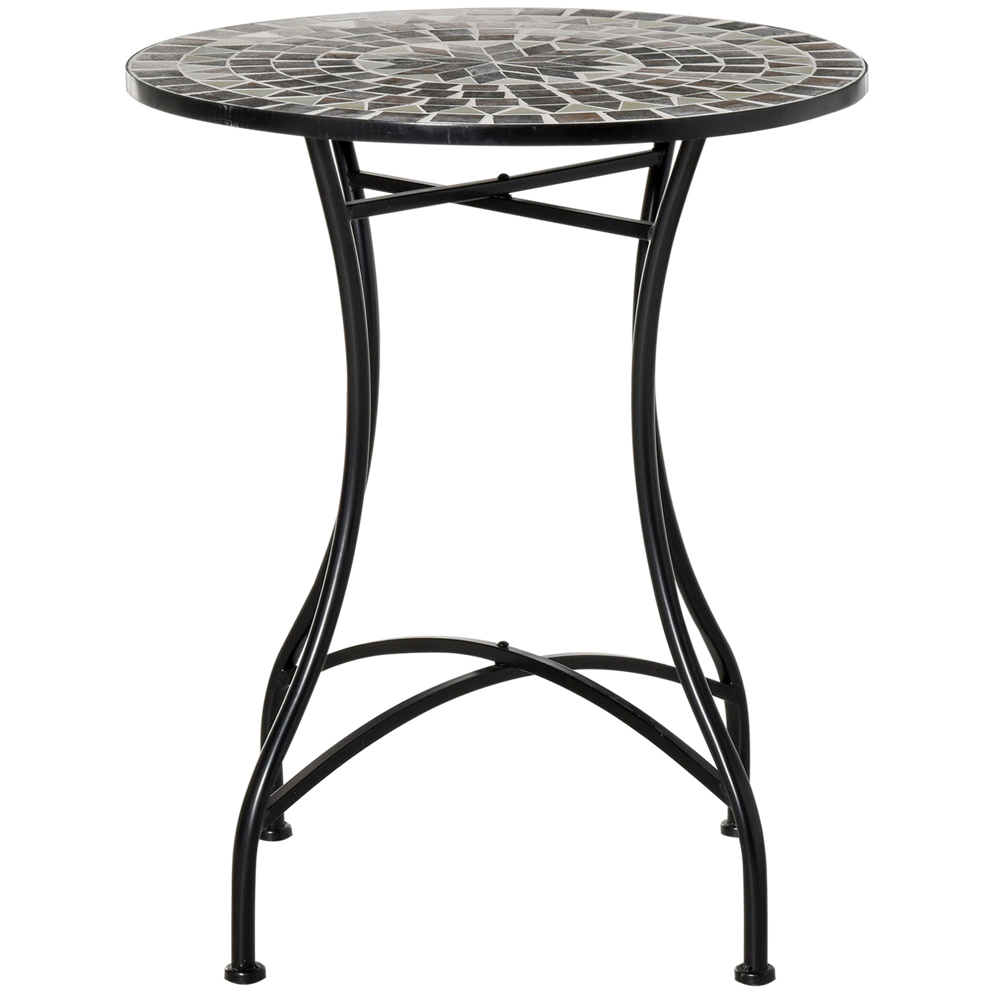 Outsunny Garten-Couchtisch aus Metall und Keramik, Couchtisch mit Mosaik für den Außenbereich auf Terrasse oder Balkon, Ф60x71 cm, Grau Schwarz Aosom