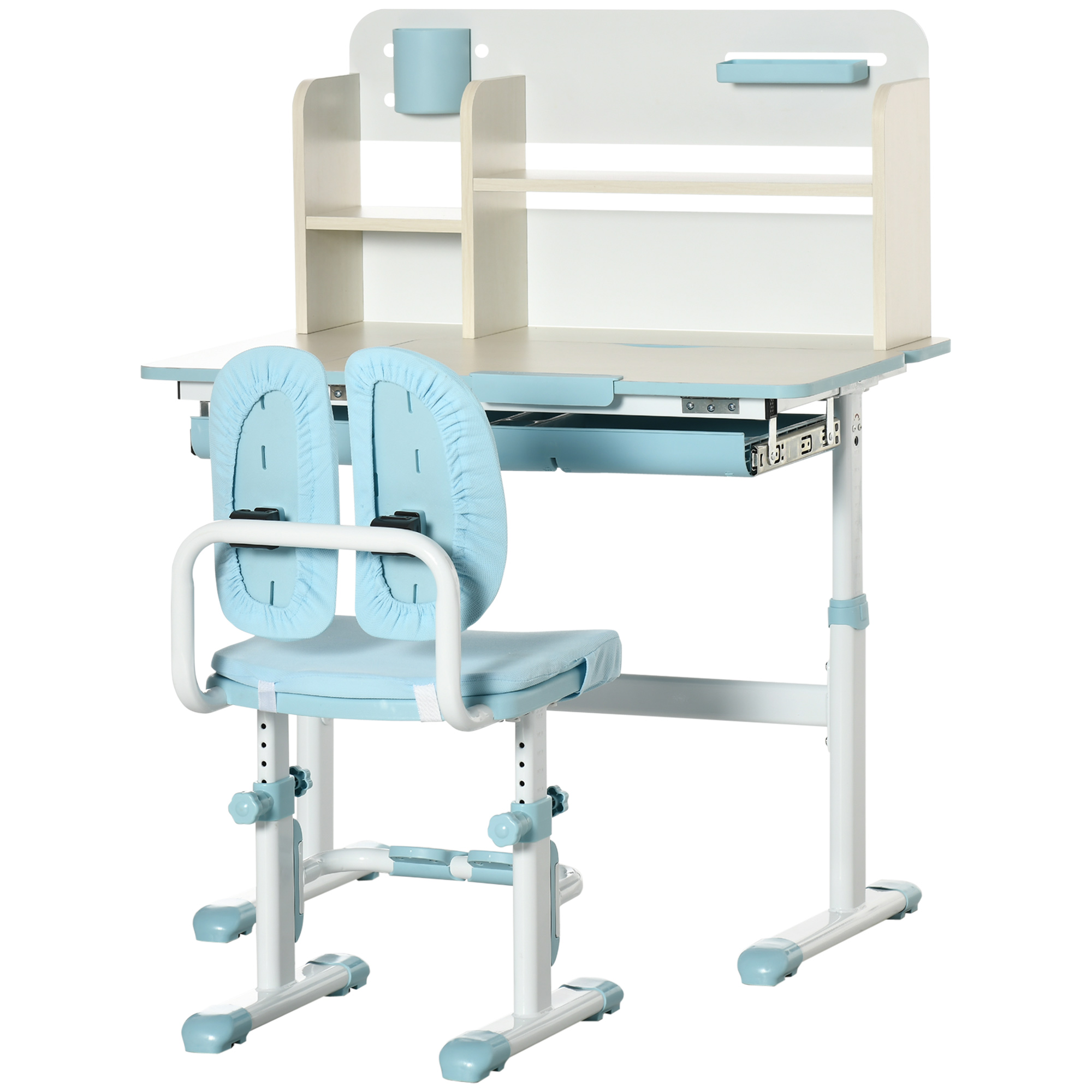 Bureau Et Chaise Réglables Pour Enfant HOMCOM - Plateau Inclinable 0-60° - Tiroir Et étagère - Bleu - 3 à 12 Ans - 7