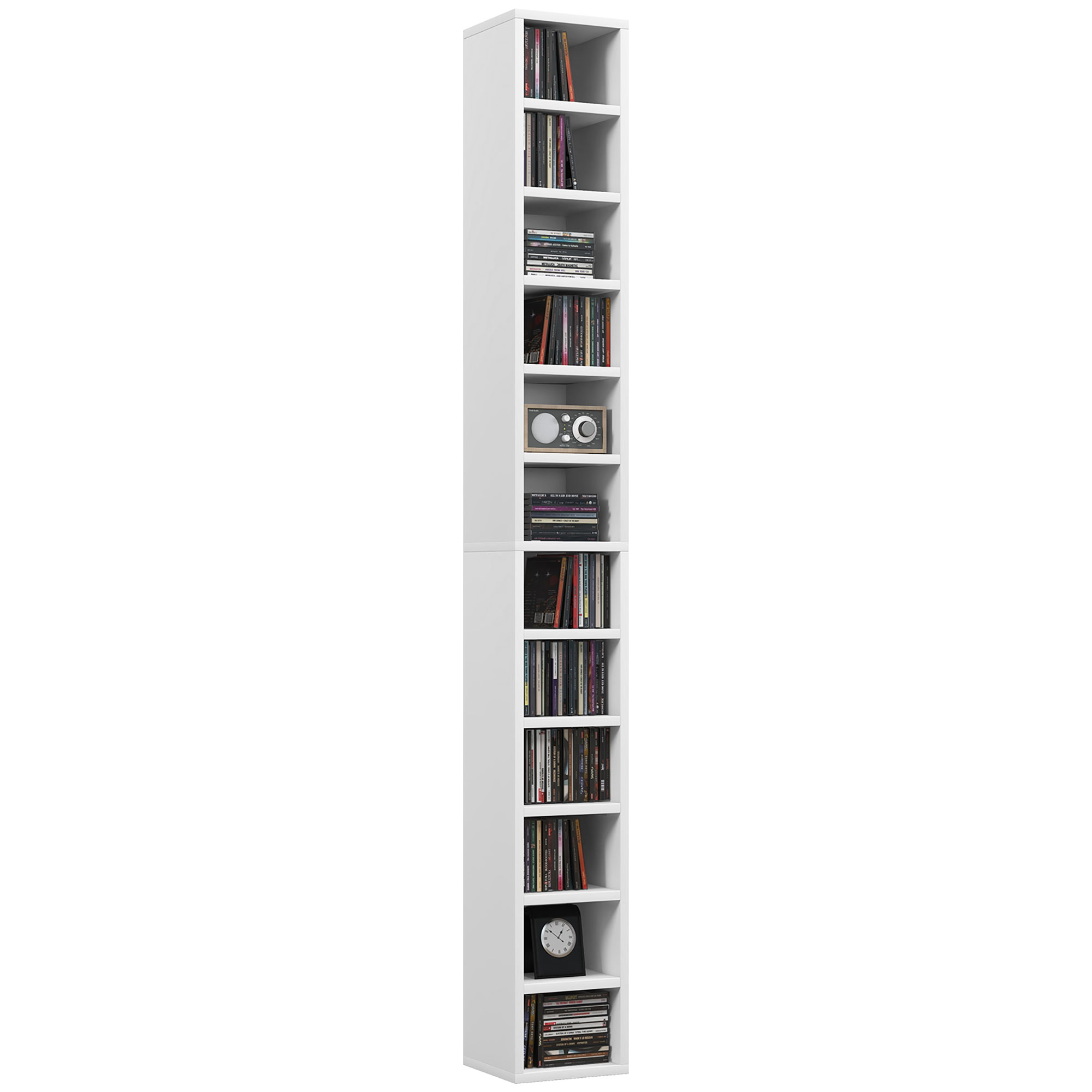 HOMCOM Rangements per CD e DVD con 12 compartimenti, capacità massima 204 CD, 21 x 20 x 175 cm, bianco