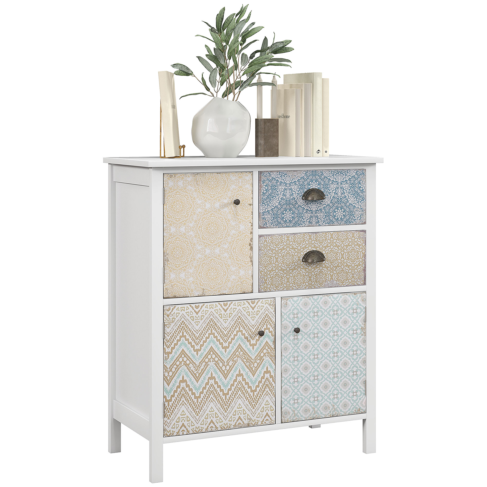 HOMCOM Cassettiera, Shabby Chic Kommode, 2 Cassetti, 3 Ripiani a Sportello, Legno di Pino, 68x34x80cm, Bianco