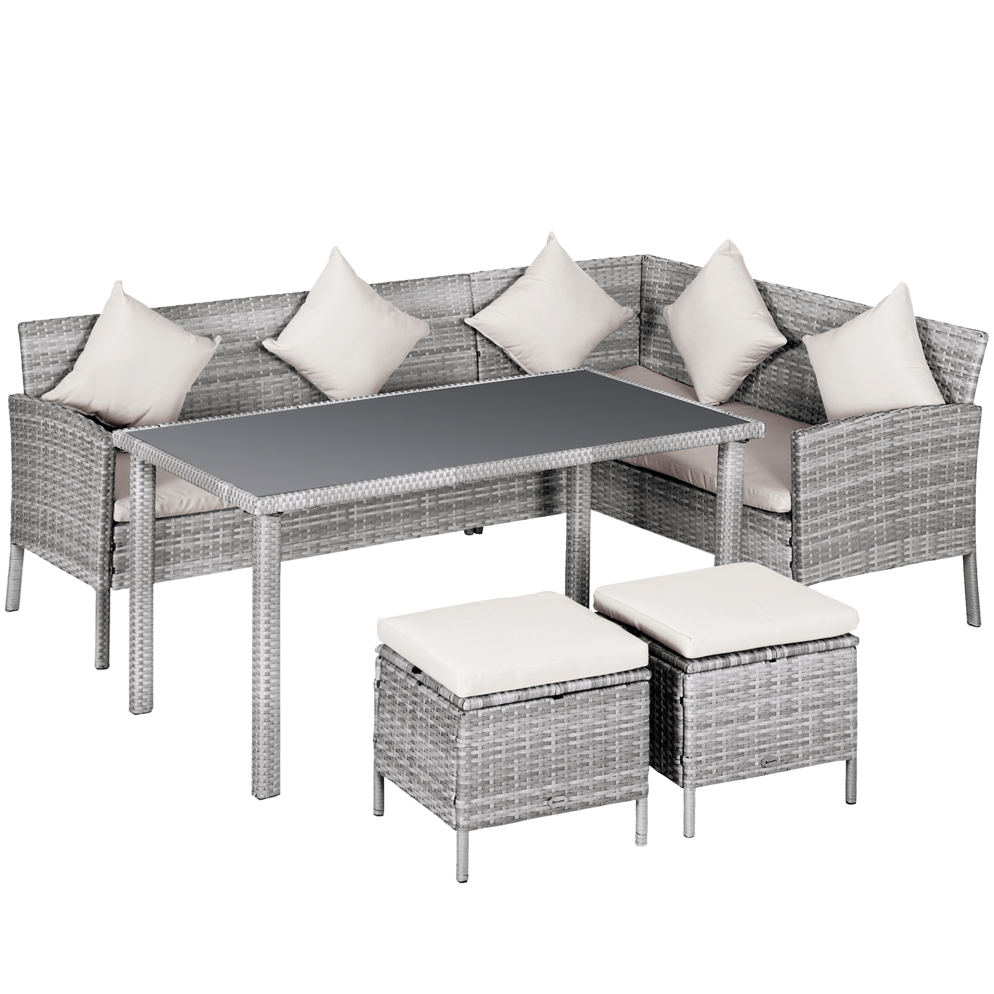 Outsunny Conjunto de salón de jardín para 6 personas con gran comodidad, sofá esquinero + 2 reposapiés + mesa de comedor, 9 cojines de asiento y respaldo incluidos, resina trenzada gris