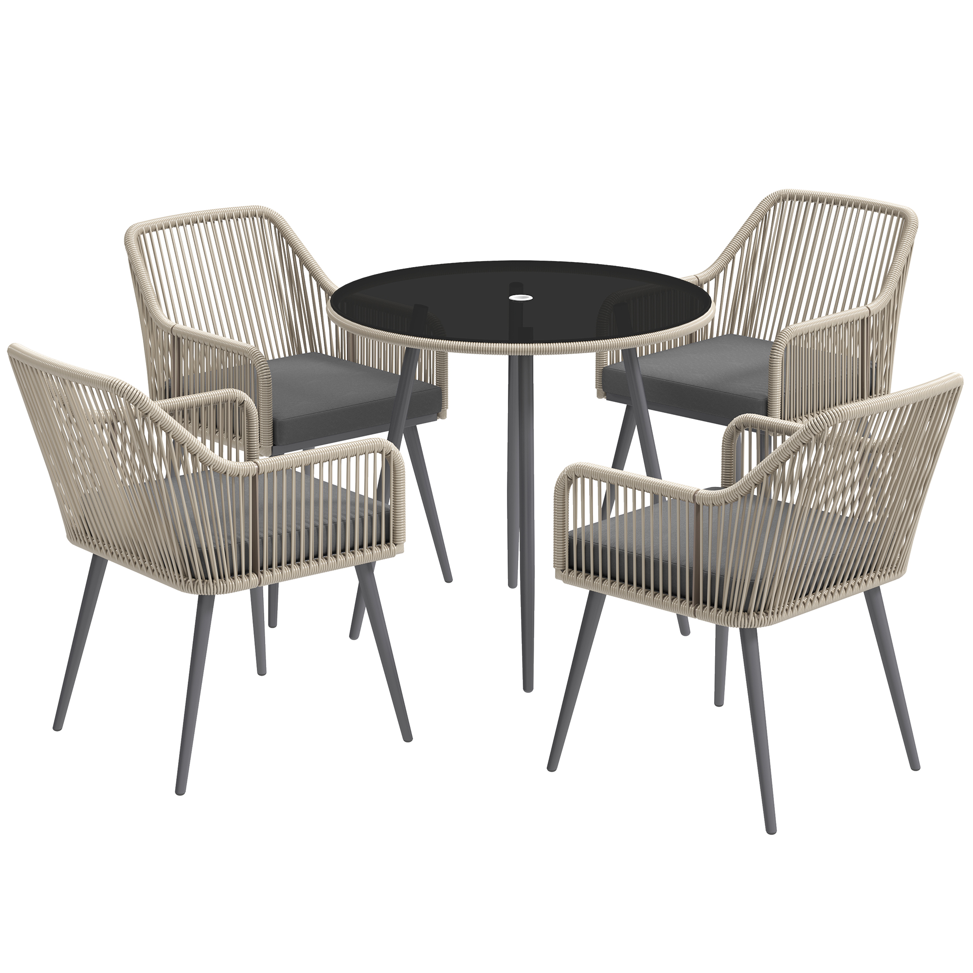 Outsunny Conjunto de mesa y sillas de jardín exterior de resina trenzada para 4 personas - cojines y mesa redonda de vidrio, para terraza, jardín, marrón