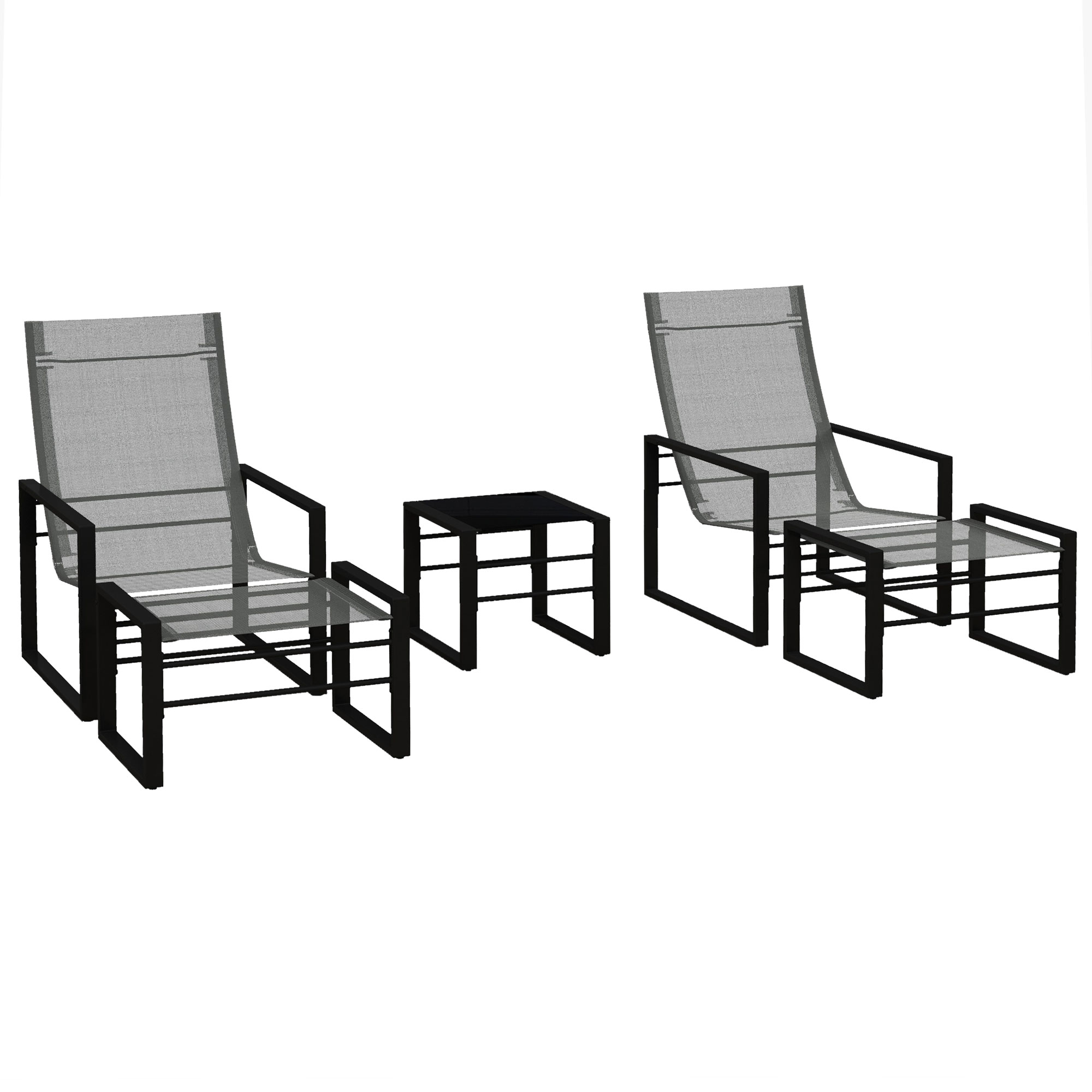 Outsunny Conjunto de jardín de 5 piezas para 2 personas con 2 sillas, 2 reposapiés y 1 mesa, metal negro, asiento de malla de tela gris