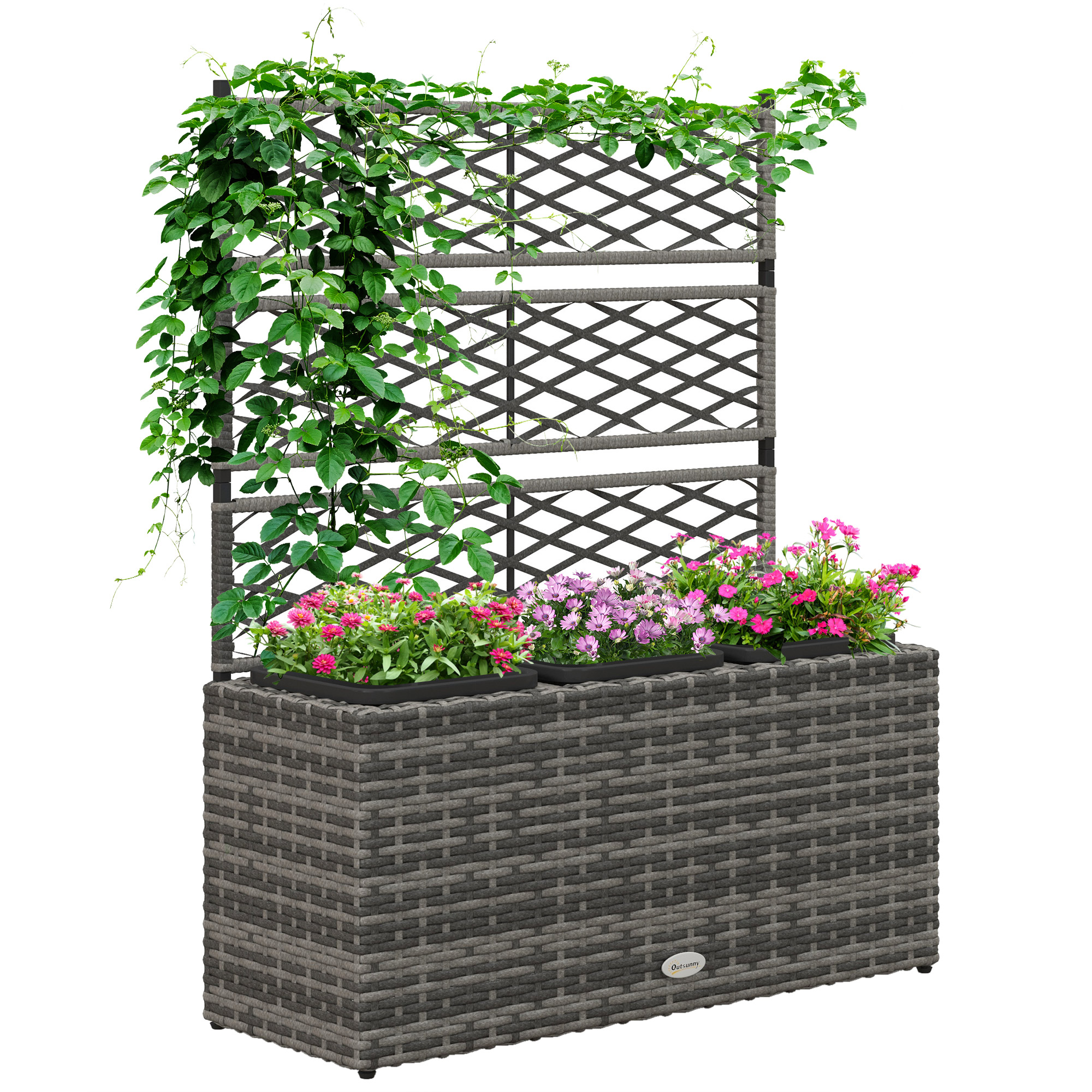 Image of Outsunny Fioriera per piante con trellis 3 vasche da 33L in resina intrecciata e acciaio dim. 84L x 30L x 107H cm006