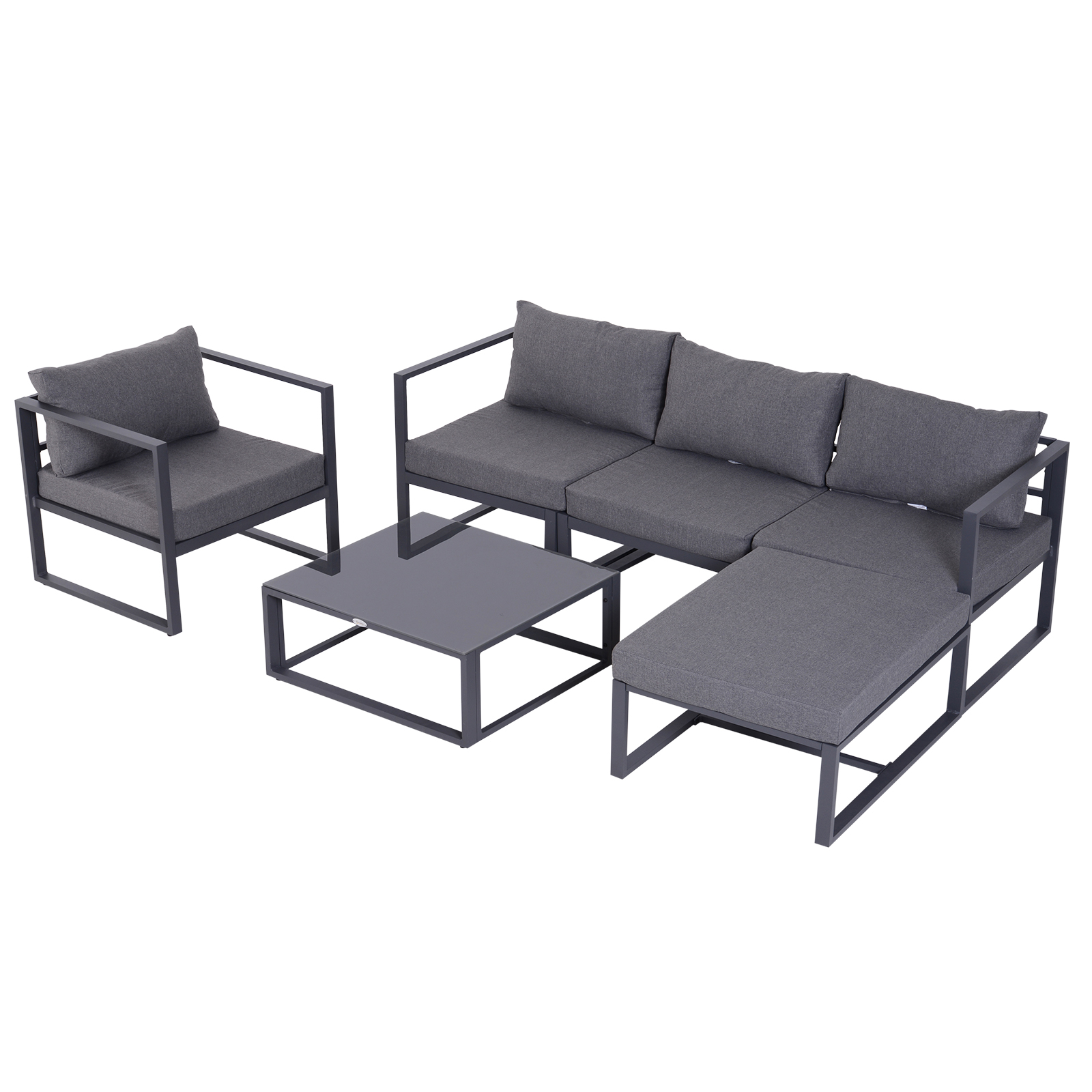 Image of Outsunny Set da giardino 6 pezzi con divano da giardino, set da lounge da giardino in alluminio + poliestere + vetro temperato grigio con cuscini per 4-5 persone006
