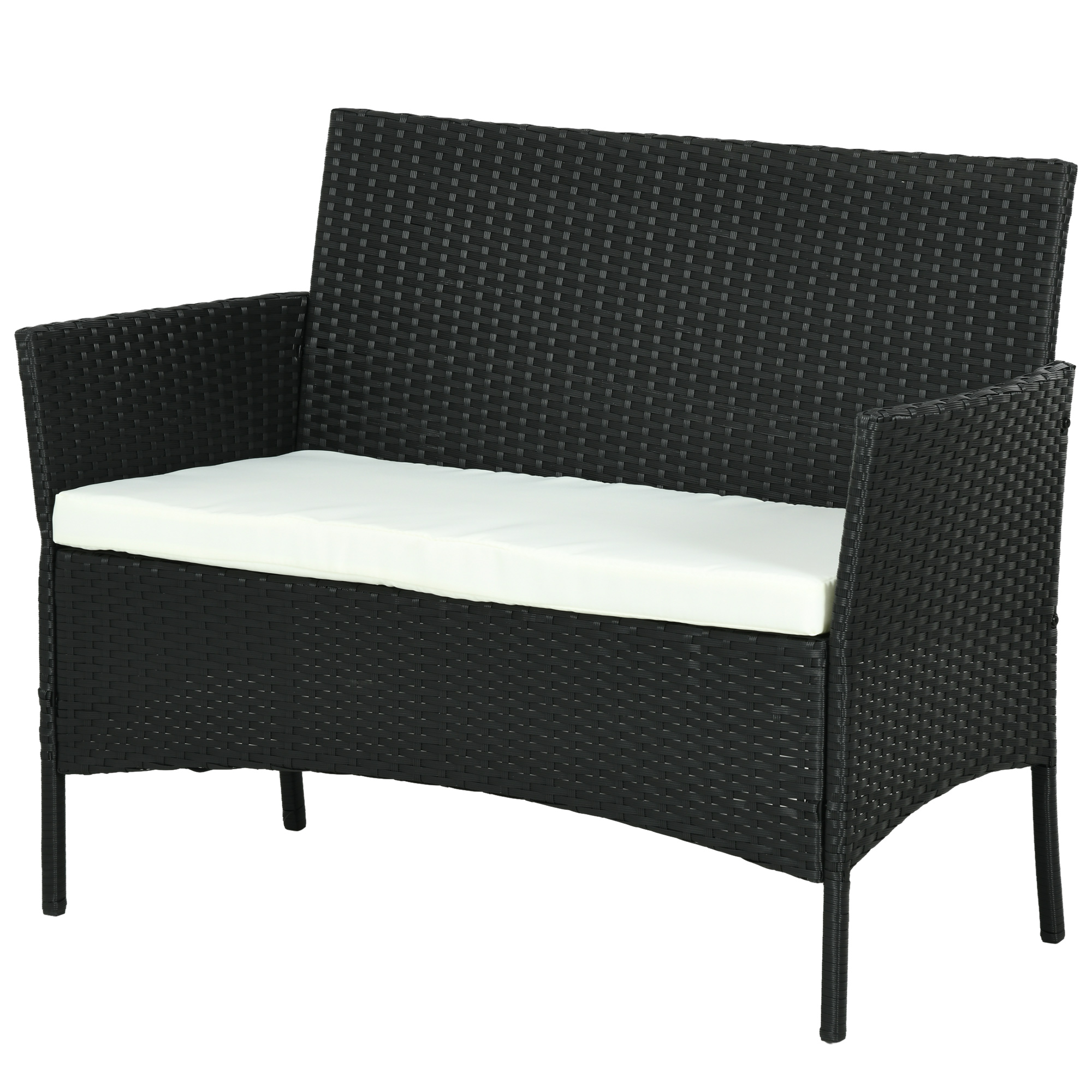 Outsunny Canapé de Jardin à 2 Places avec Coussin et Accoudoirs en Rotin PE et Acier, 100x54x80cm, Noir