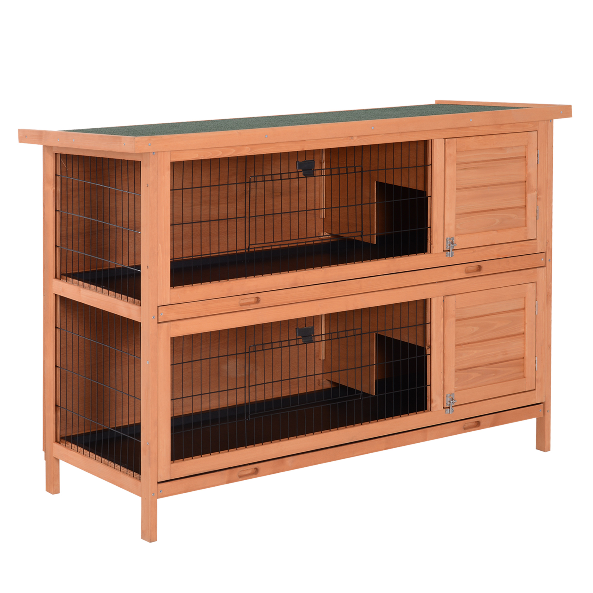 PawHut Recinto su piedi gabbia coniglio doppio livello vassoi deiezioni scorrevoli 4 porte chiavistellate dim. 137L x 50l x 93H cm legno massiccio pineto tetto bituminoso verde