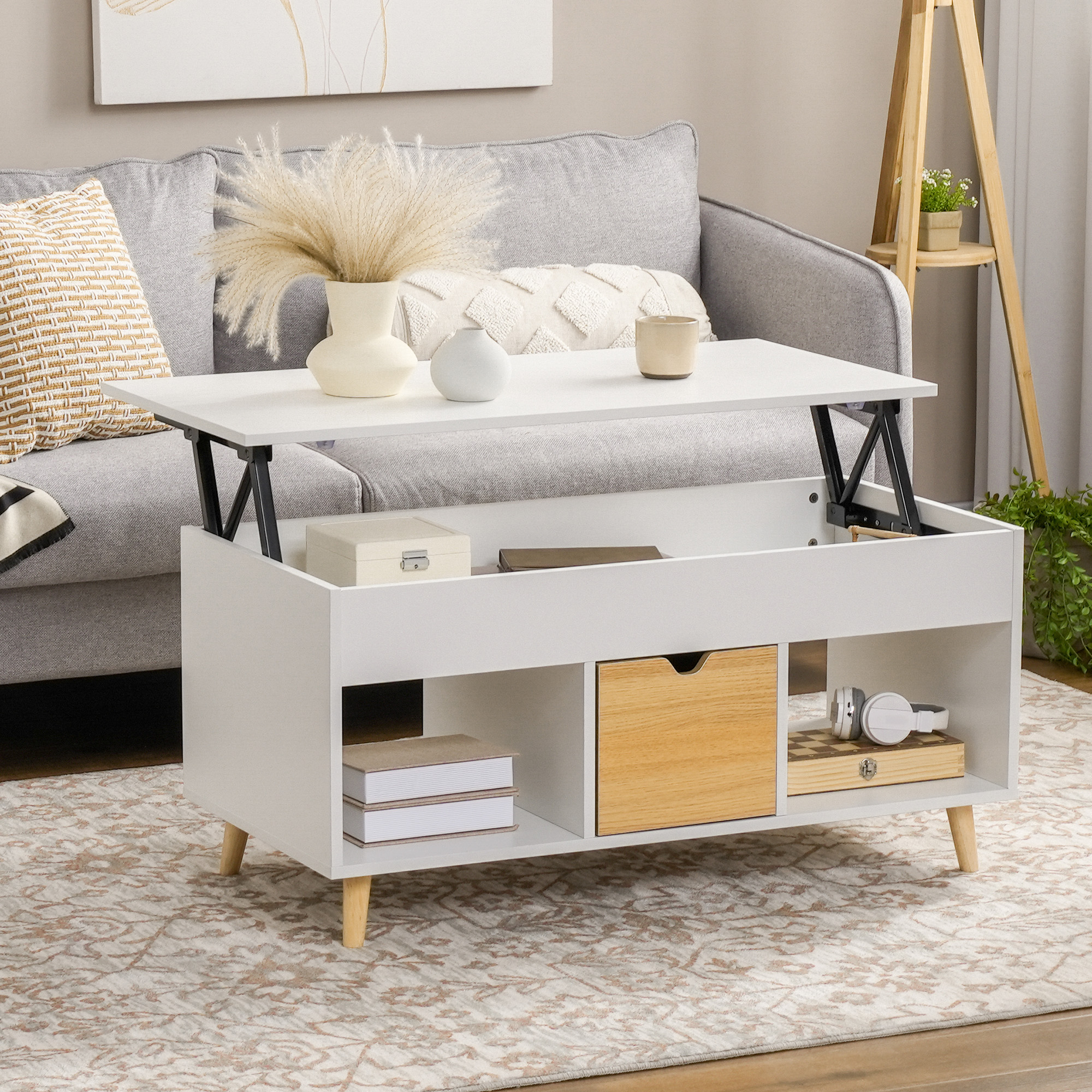 LoMasCasa - Tavolo da salotto da centro collezione Sonka sollevabile con cassetto scorrevole in legno naturale massiccio disponibile in legno e gambe in nero - 100 x 50 x 48 cm