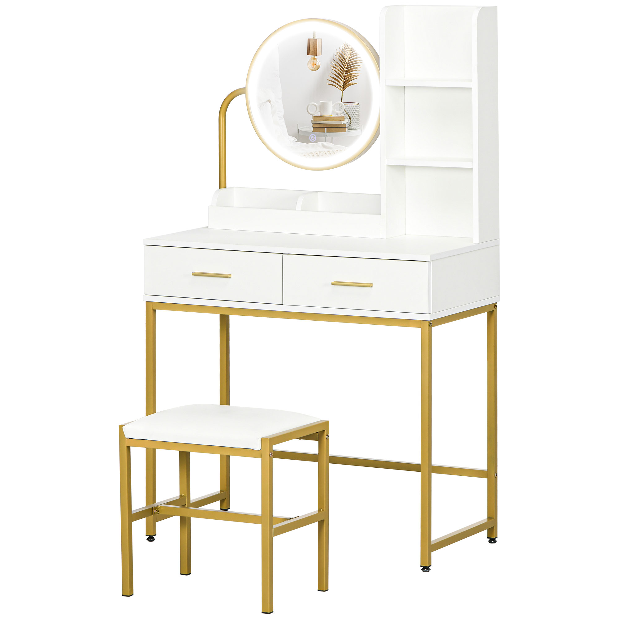 HOMCOM Coiffeuse Table de Maquillage avec Miroir Illuminé à LED et Tabouret, Tiroirs et Étagères, Blanc