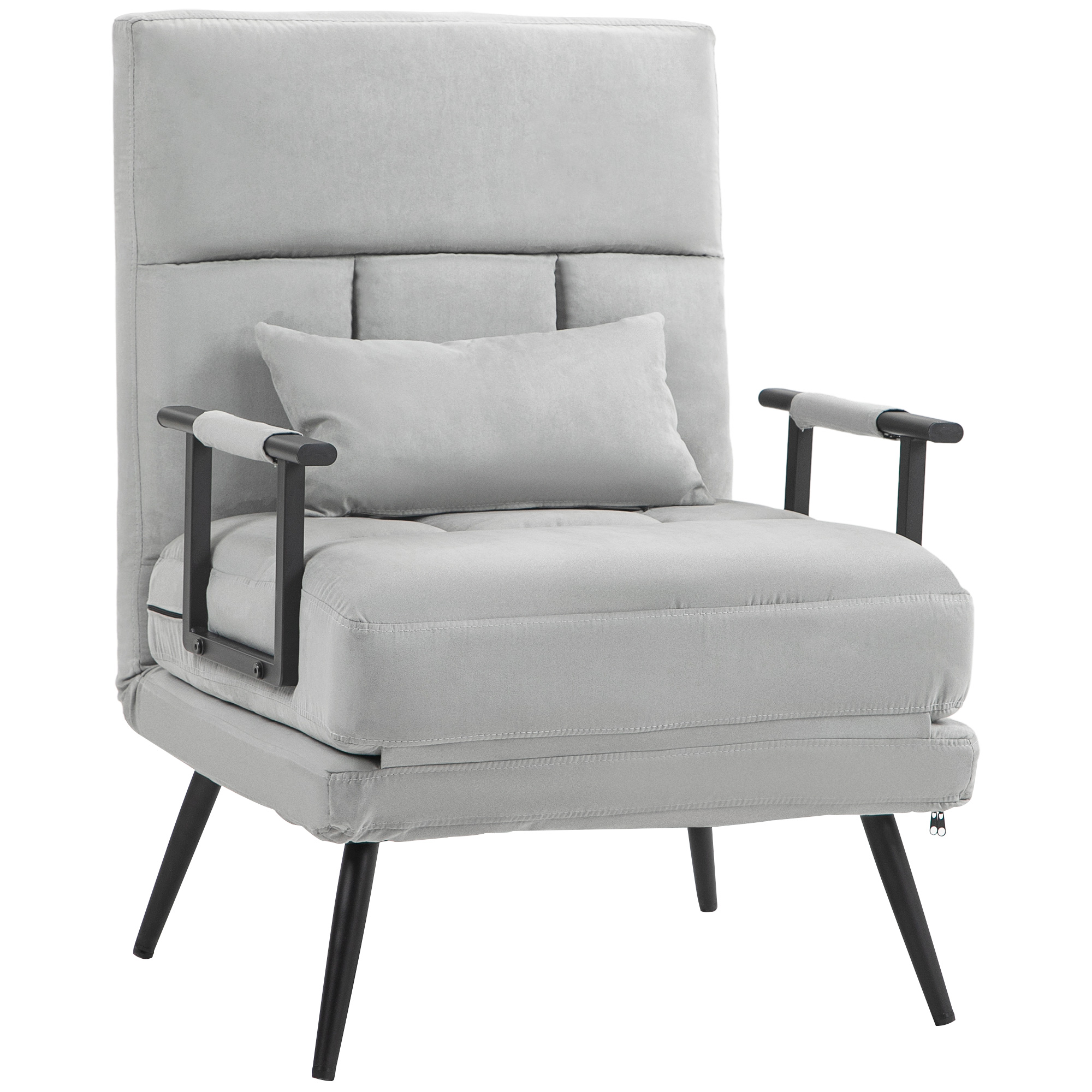 HOMCOM Sillón convertible 3 en 1 cama 1 lugar respaldo reclinable 5 posiciones, apoyabrazos y cojín, tela efecto terciopelo, gris