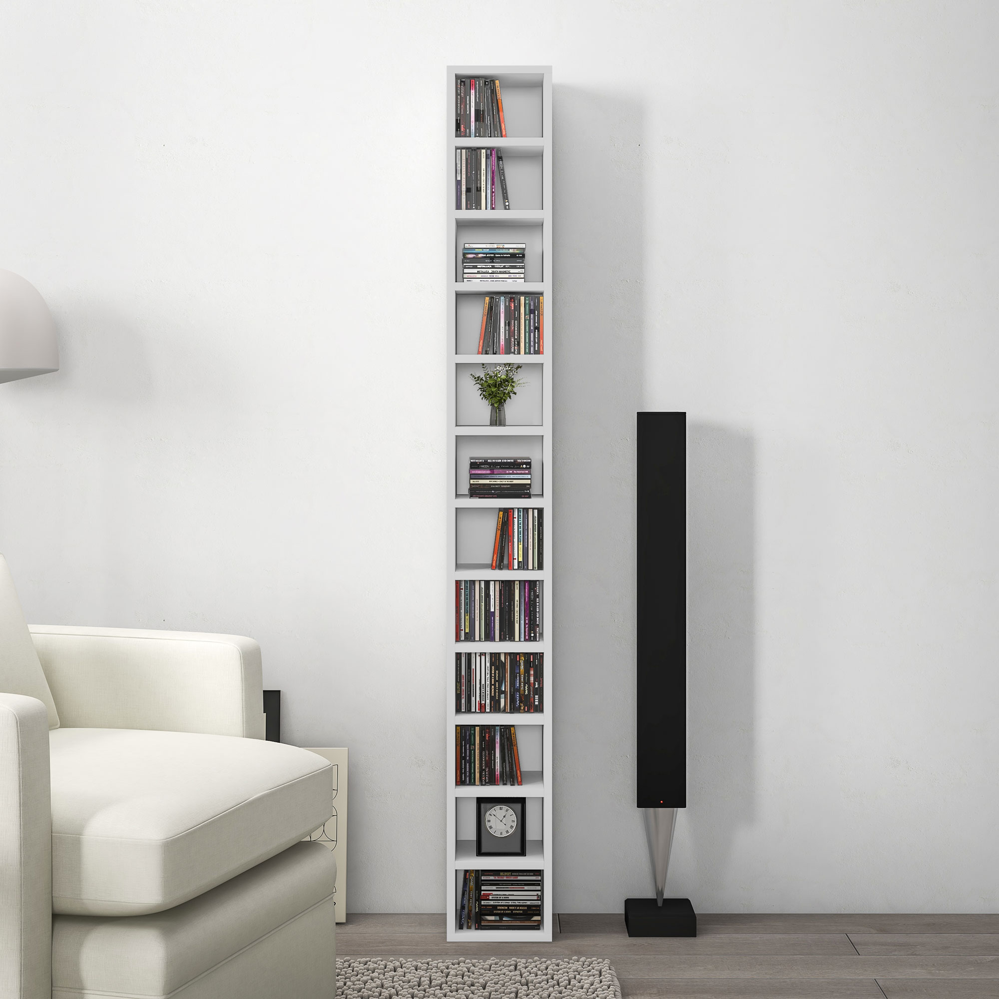 Mobiletto Per CD In Legno Ingegnerizzato | 6 Ripiani, 21x20x88 Cm | Libreria Per Soggiorno, Ufficio, Camera
