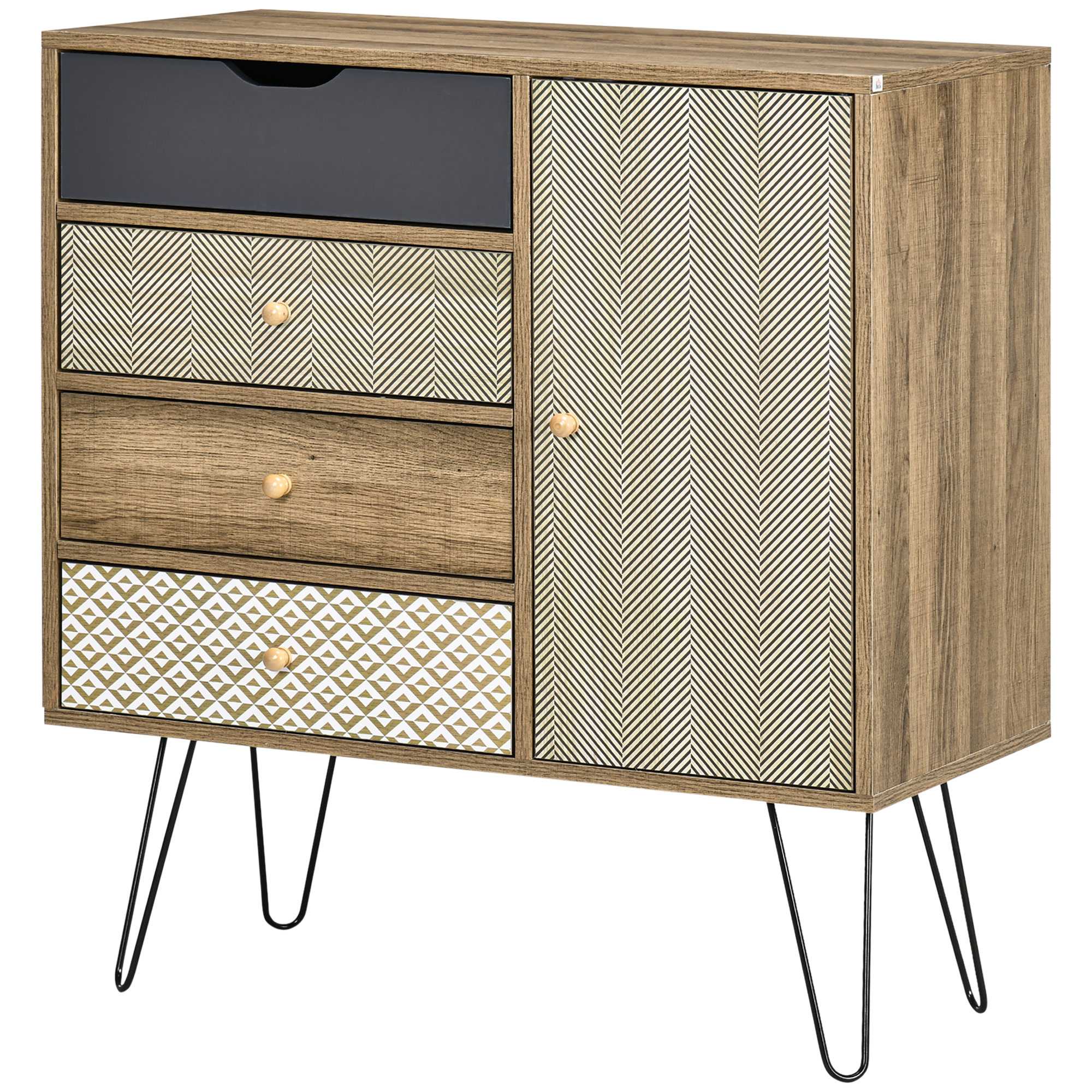 HOMCOM Aufbewahrungskommode Sideboard 4 Schubladen 1 Schrank - Haarnadelbeine - Bohème-Stil - 79 x 39 x 86 cm Braun Aosom