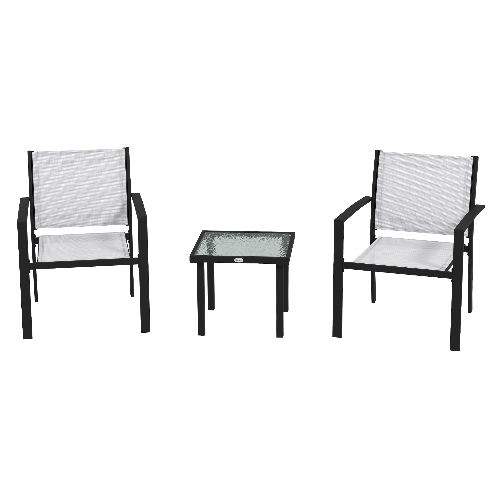 Outsunny Ensemble de Jardin avec Table en Verre et 2 Chaises Empilables en Tissu à Mailles, Gris Clair
