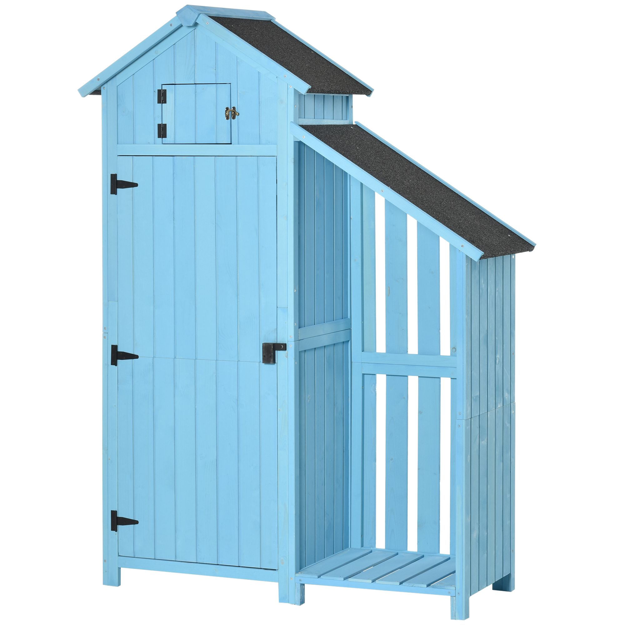 Image of Outsunny Capanno da Giardino con Ripiano per la Legna da Ardere Capanno da Giardino con 3 Ripiani Tetto in Asfalto Legno di Cedro Azzurro Cielo 130 x 54,5 x 180 cm006