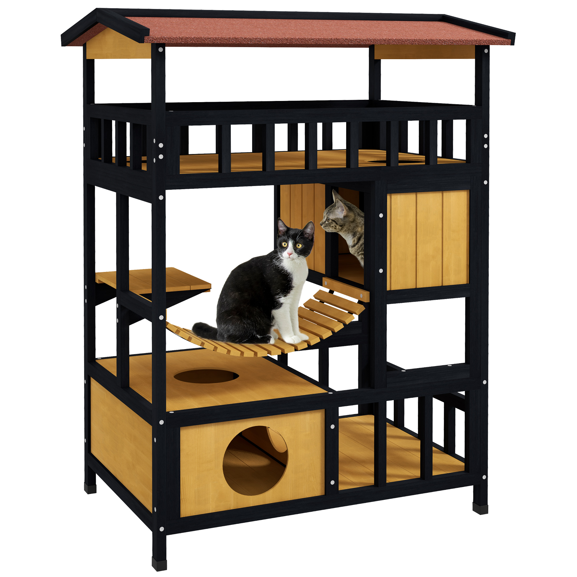 Image of PawHut Casa per gatti, Paradiso per Gatti con Piattaforme, Ponte Oscillante e Grotte per Gatti, Adatta per 2 Gatti, Legno006